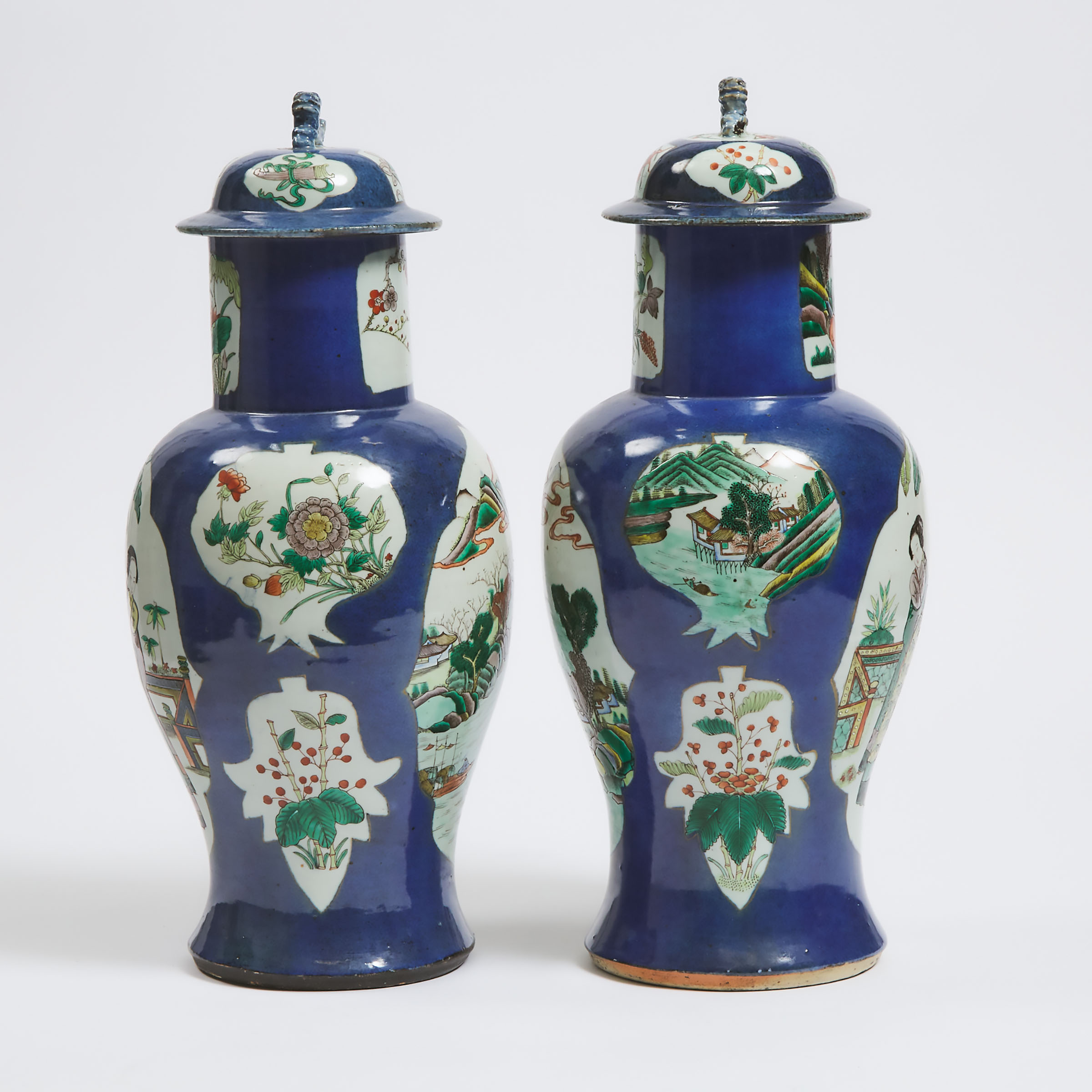 A Pair of Powder Blue-Ground Famille Verte Vases and Covers, 19th Century