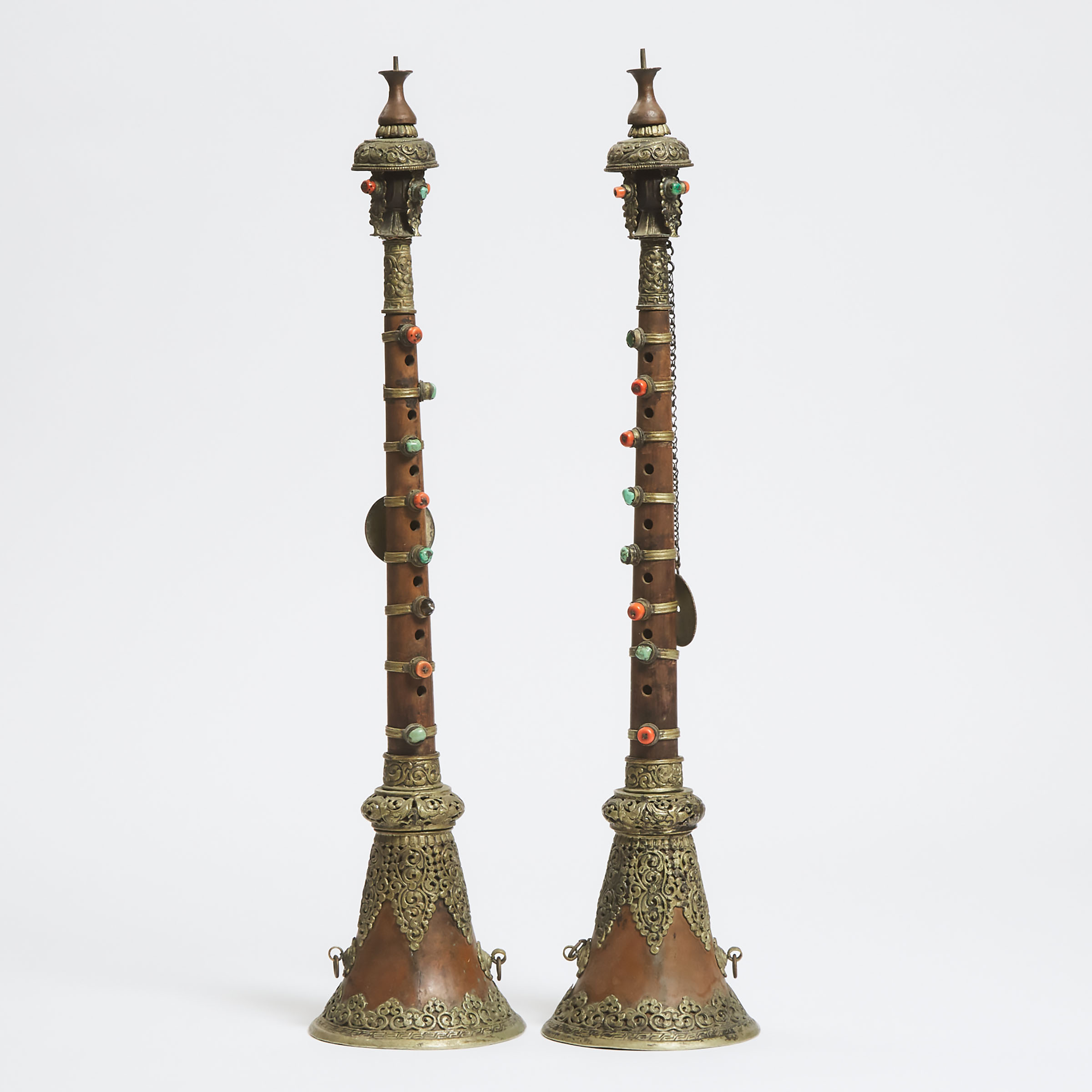 A Pair of Tibetan Wood and Metal Trumpet Horns Inlaid with Turquoise and Coral, 19th Century