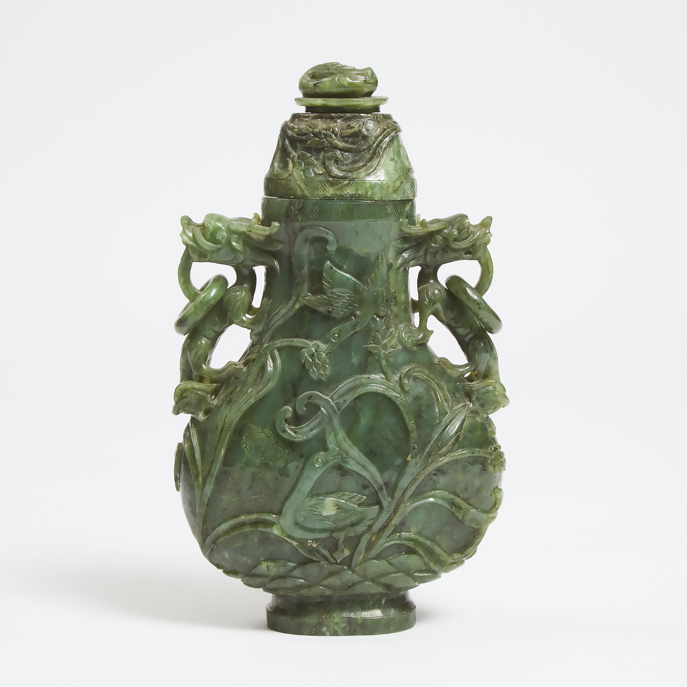 A Spinach Jade 'Geese and Lotus' Vase and Cover, Late Qing/Republican Period, 19th/20th Century