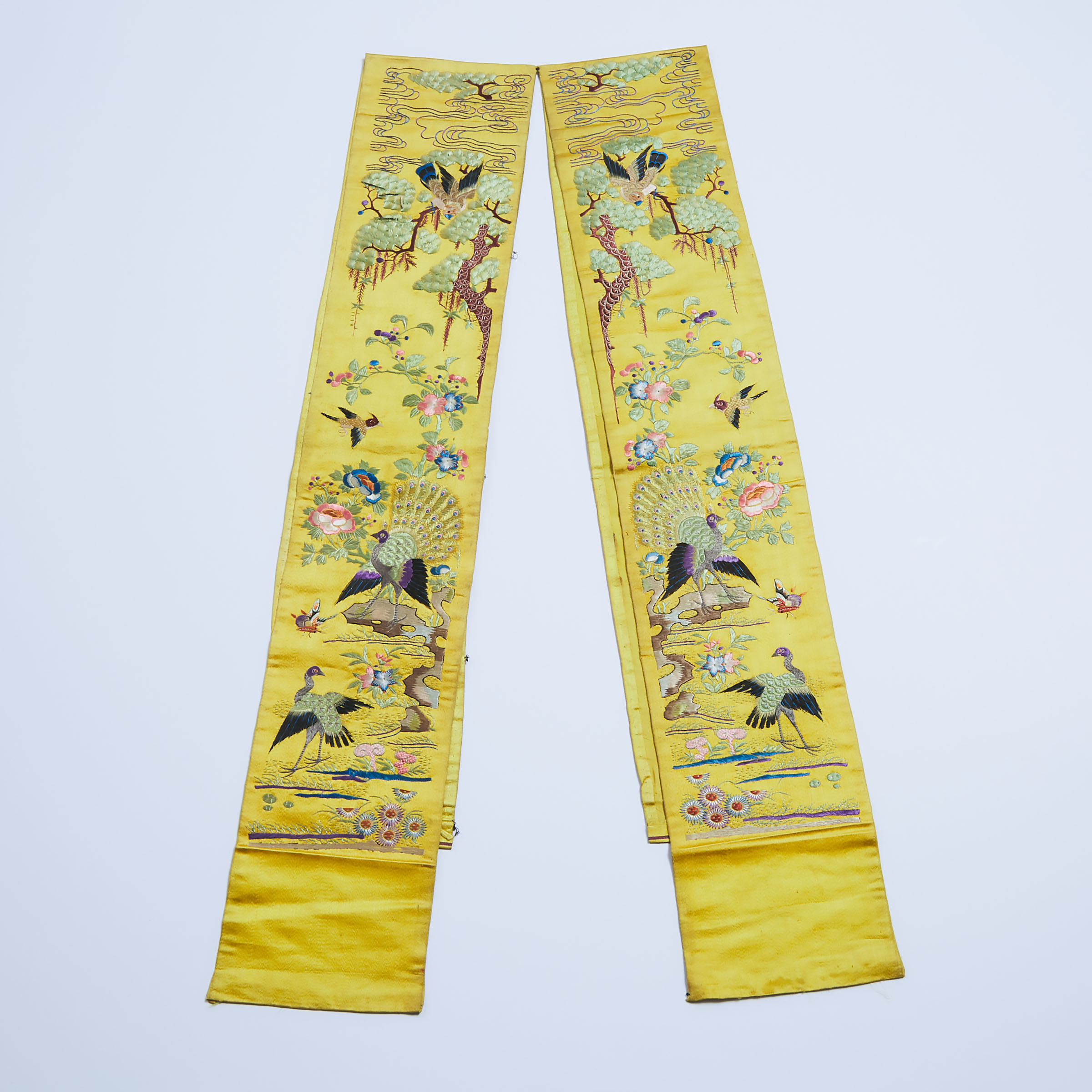 A Pair of Yellow-Ground Embroidered Silk 'Birds of Paradise' Robe Sleeves, Qing Dynasty, 19th Century