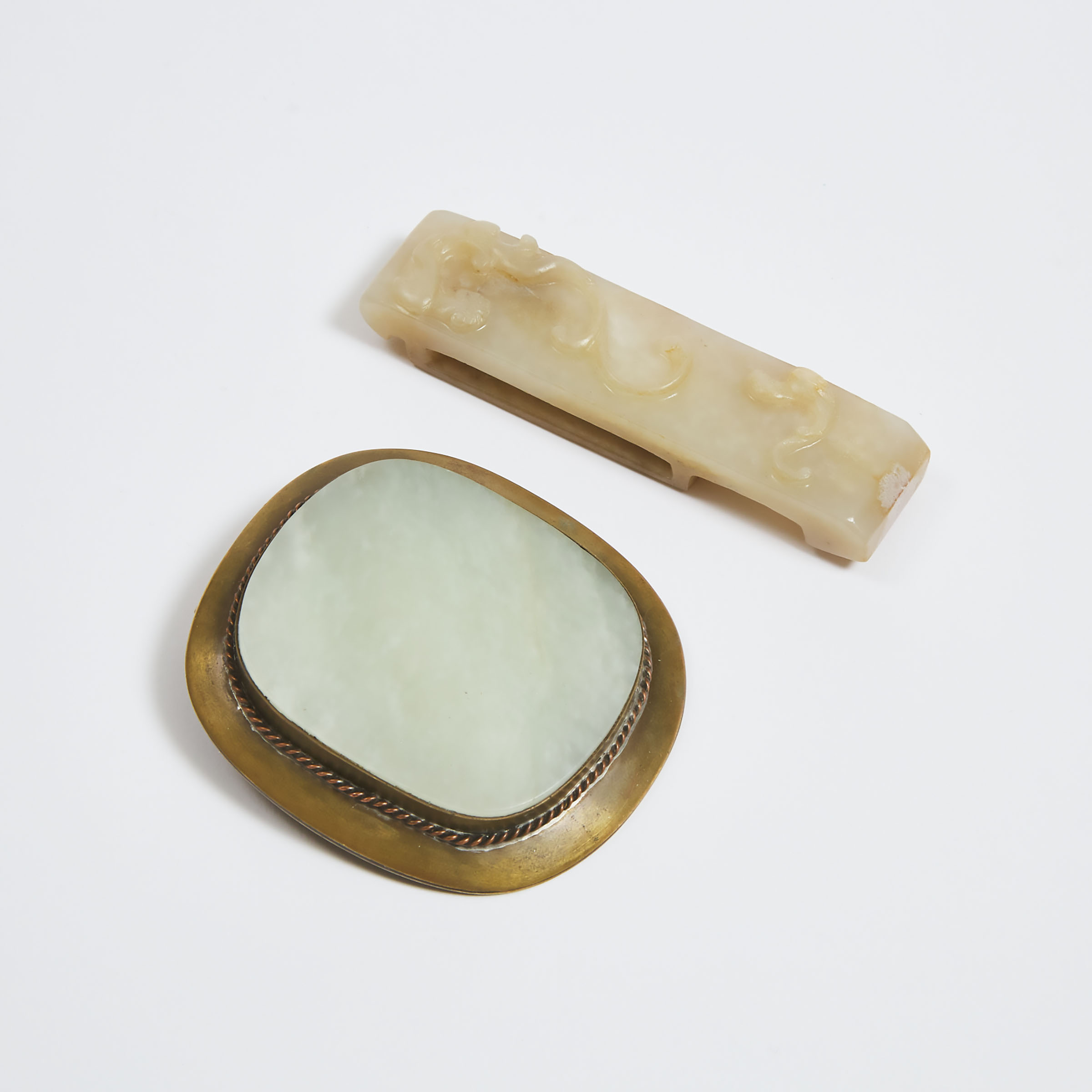 A White Jade Scabbard Slide, Together With a White Jade Inset Belt Buckle, Ming Dynasty, 16th/17th Century 