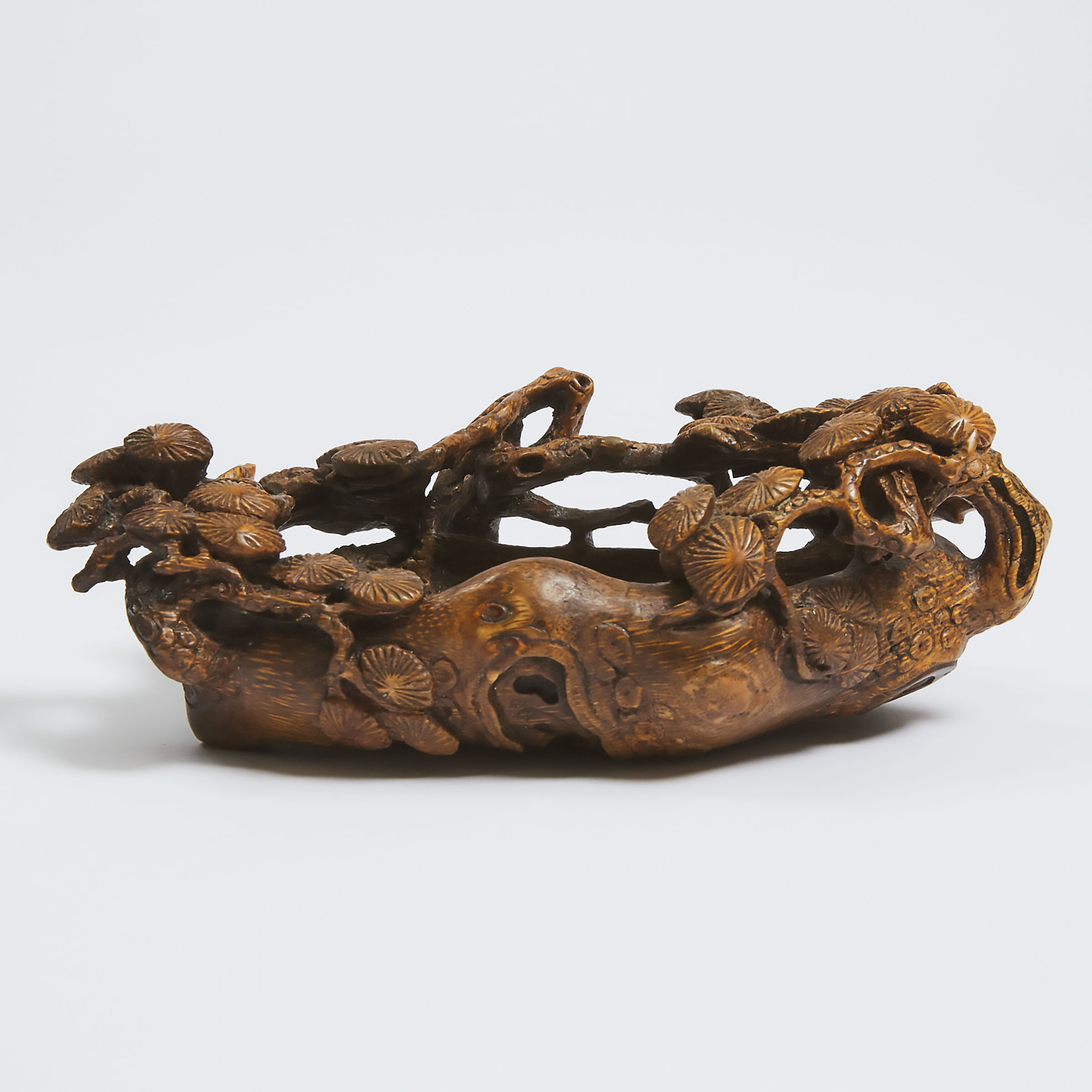 A Chinese Carved Bamboo Root 'Pine' Brush Washer, 19th Century