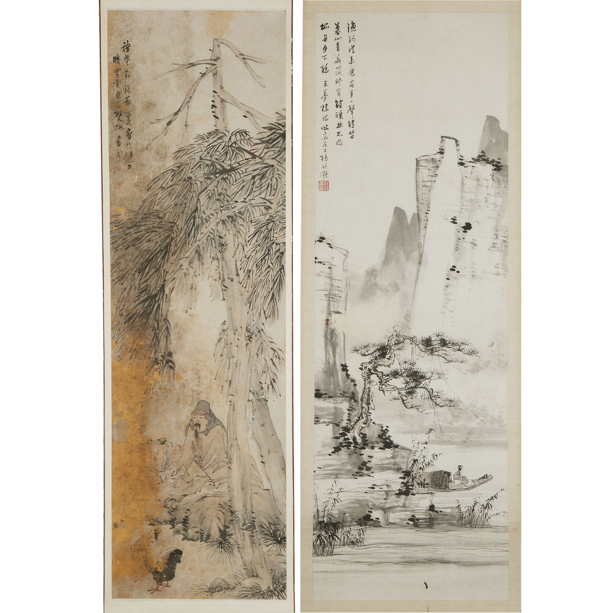 Zhang Xiangning (1911-1958) and Li Fu (Qing Dynasty), Two Paintings of a Scholar and a Landscape