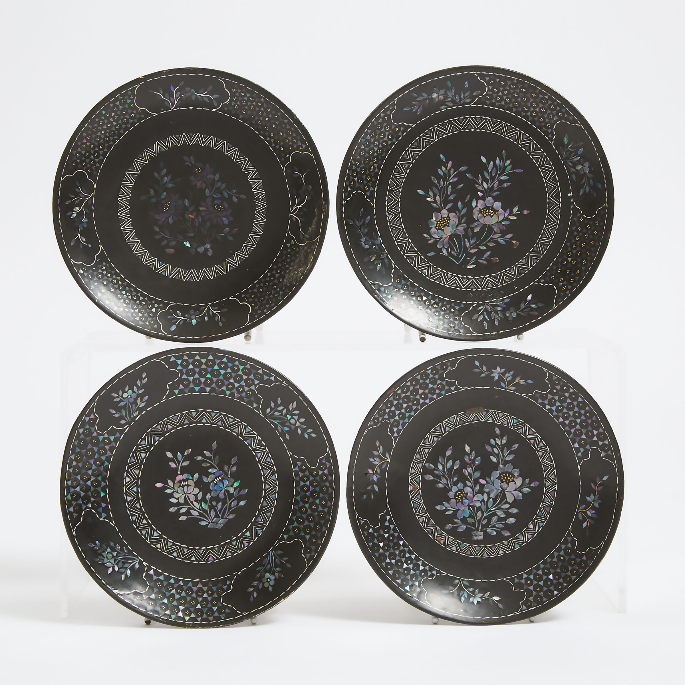 A Set of Four Lac Burgaute Plates, Qianlong Mark, 19th Century