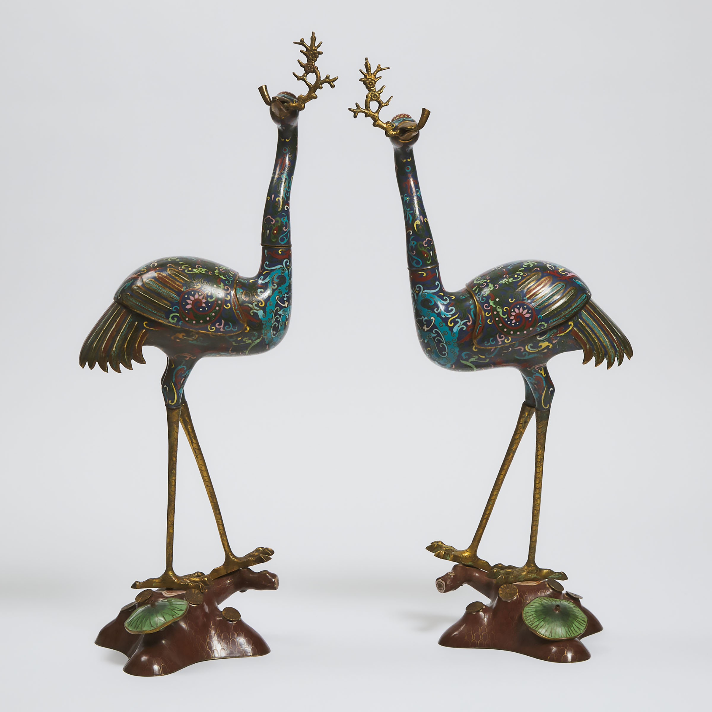 A Pair of Chinese Cloisonné Enamel Crane-Form Pricket Sticks, Late 19th Century