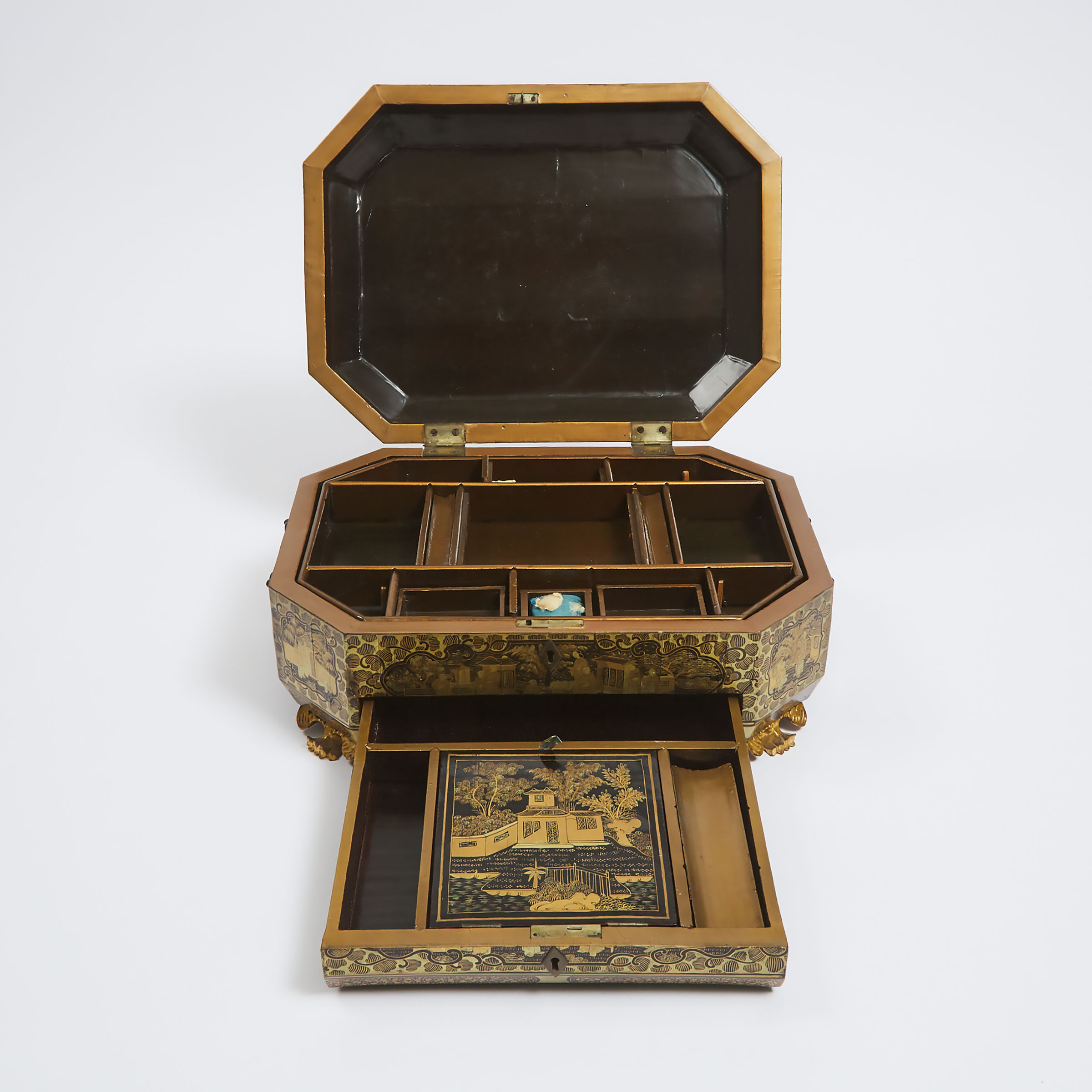 A Chinese Export Black and Gilt Lacquered Tabletop Cabinet and Jewellery Box, 19th Century