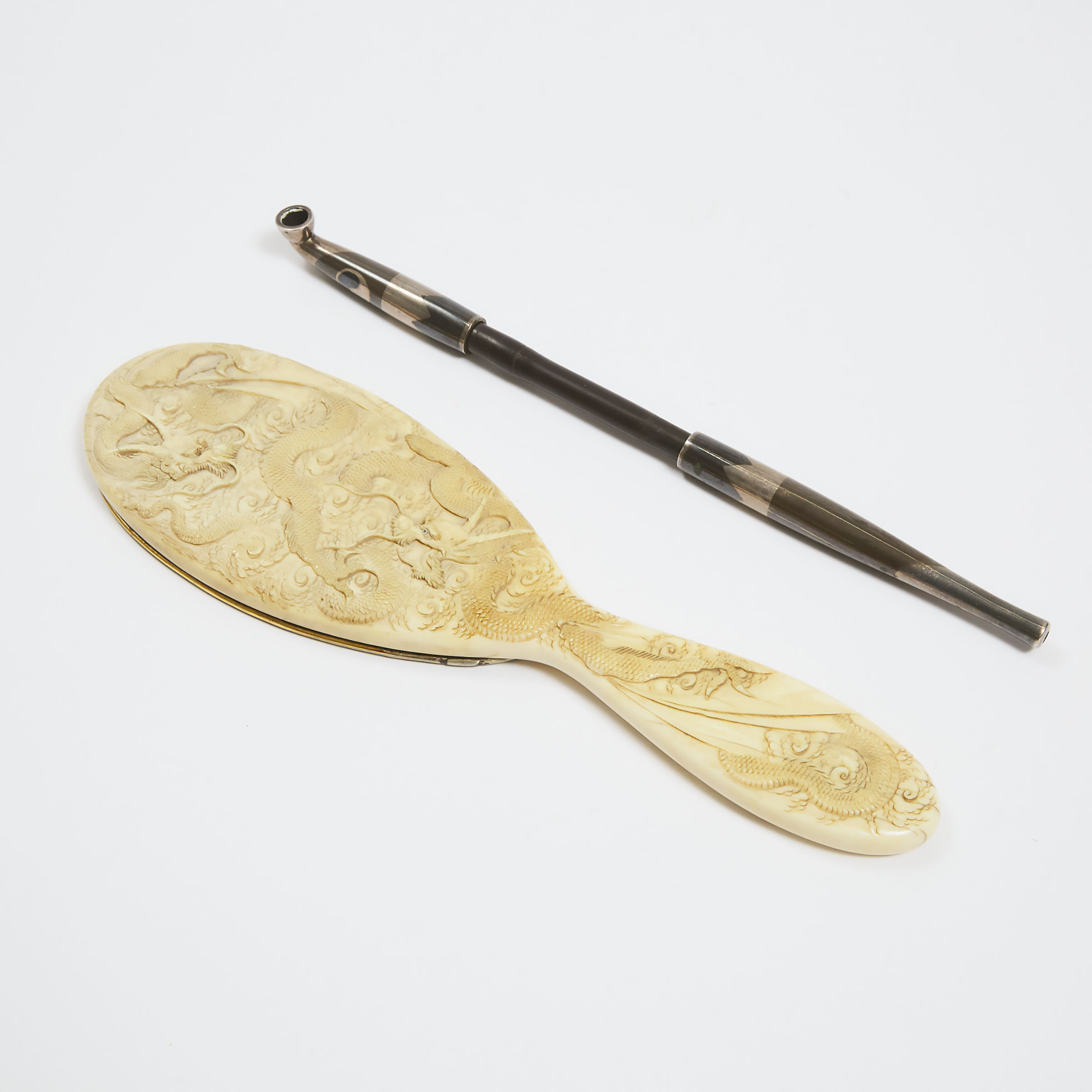 A Carved Ivory Hand Mirror, Signed Kanemitsu, Together With Silver and Bamboo Kiseru (Pipe), Meiji Period (1868-1912)