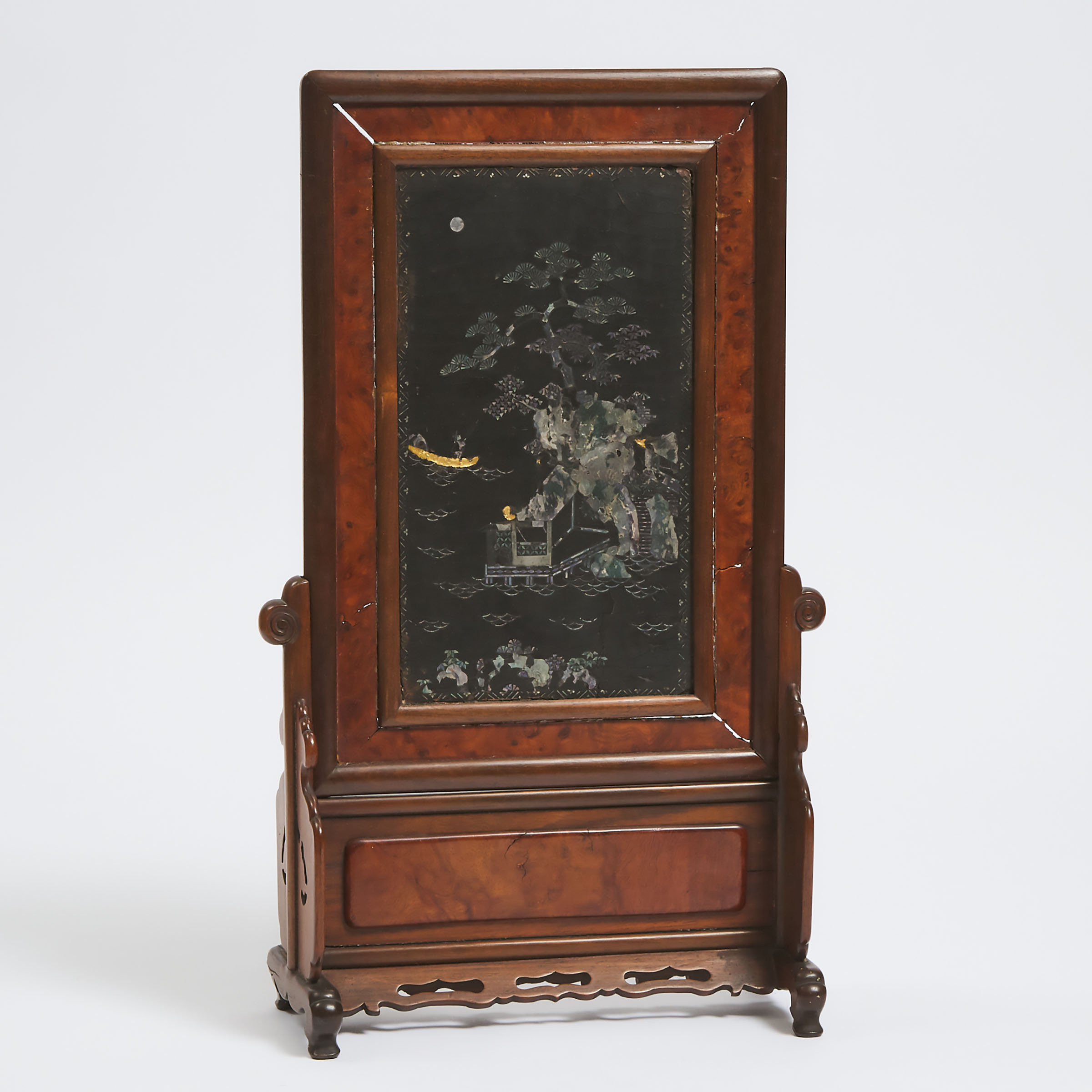 A Mother-of-Pearl Inlaid and Black-Lacquered Table Screen With Burlwood Inset Stand, Kangxi Period, Early 18th Century