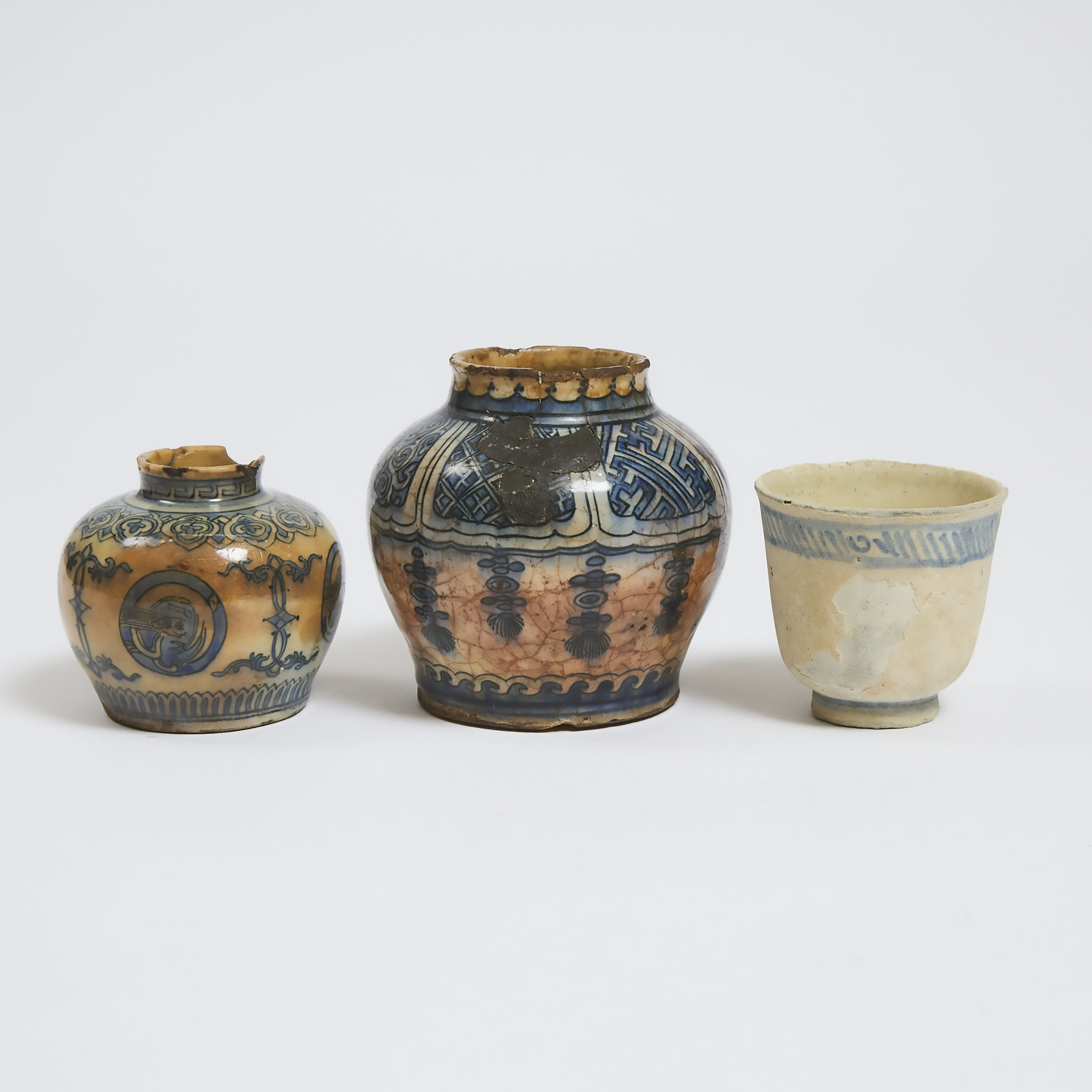 Two Safavid Blue and White Jars, 17th Century, Together With a Cup, 14th Century