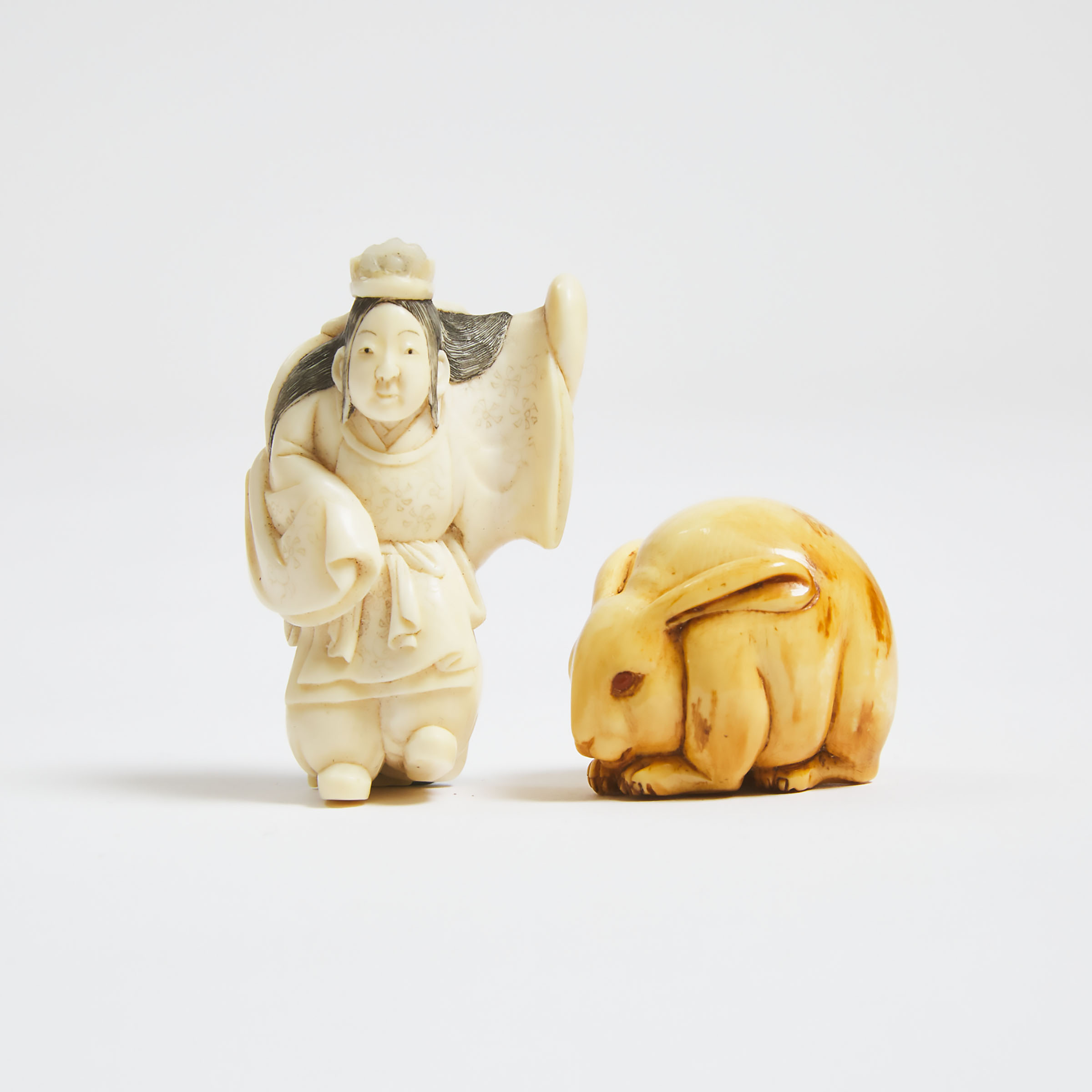 An Ivory Netsuke of a Rabbit, Together With a Butterfly Dancer, Signed Ryomin, Mid to Late 19th Century