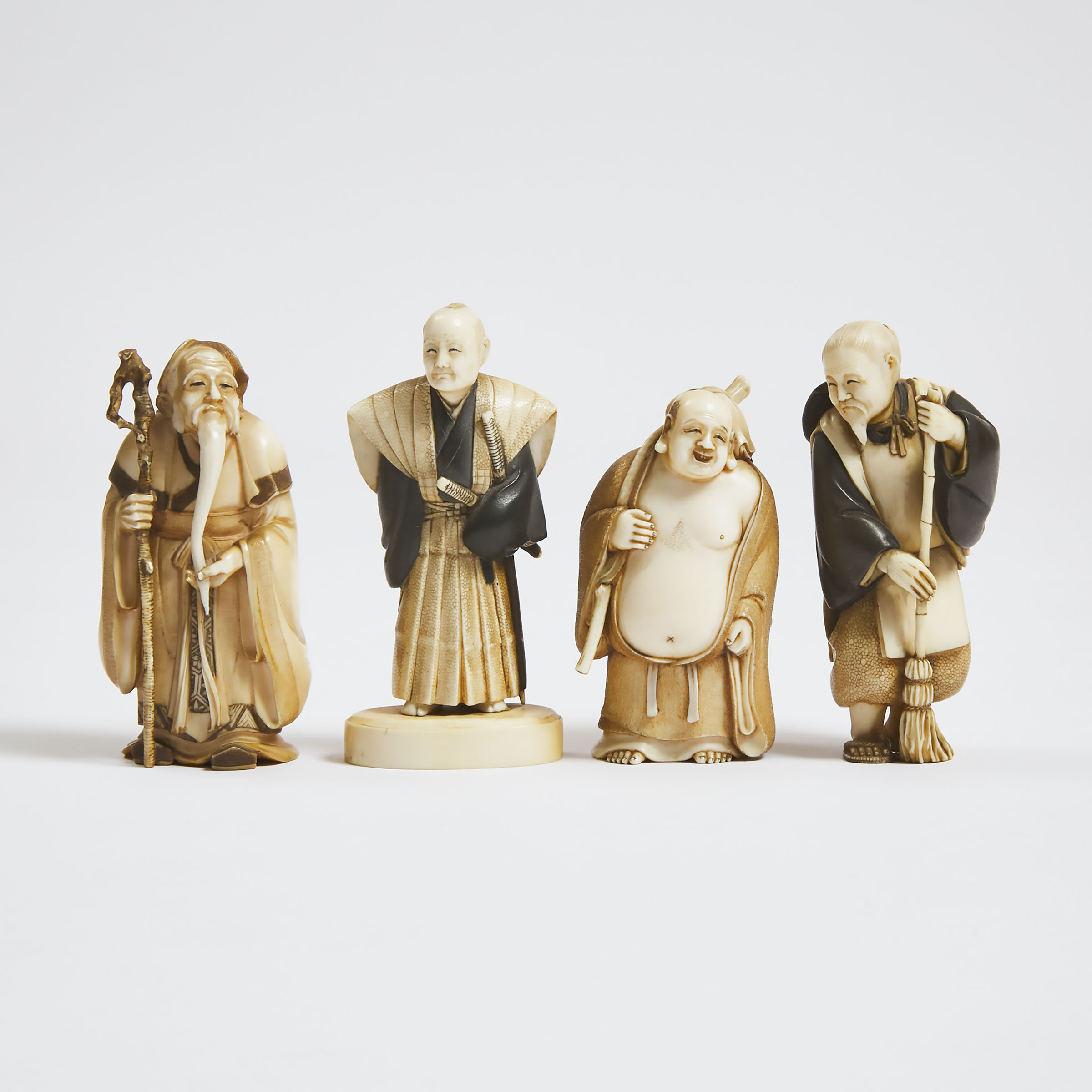 Four Tinted Ivory Okimono Figures, Signed, Meiji-Showa Period