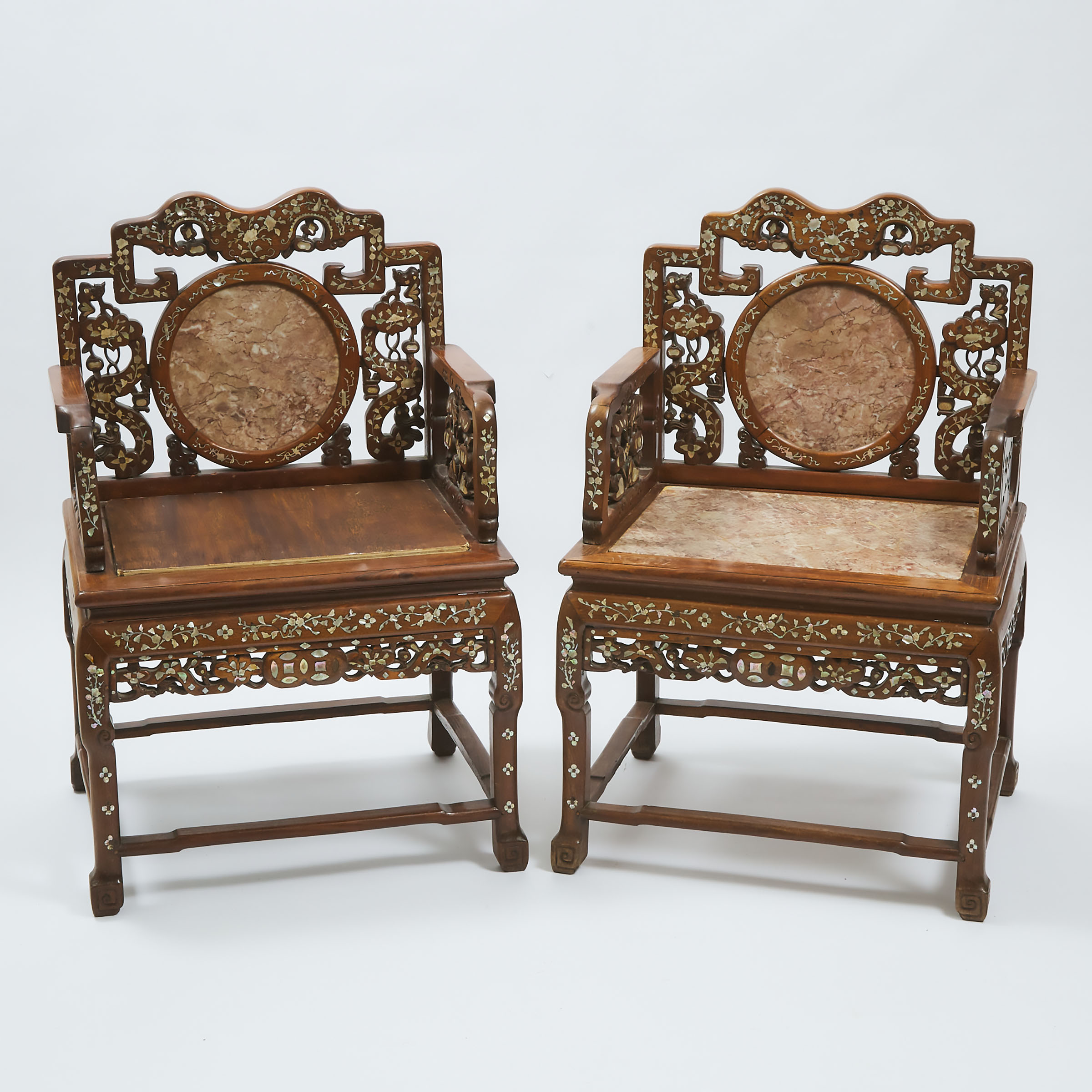 A Pair of Chinese Carved Rosewood Mother-of-Pearl Inlaid and Marble Inset Chairs, 19th Century