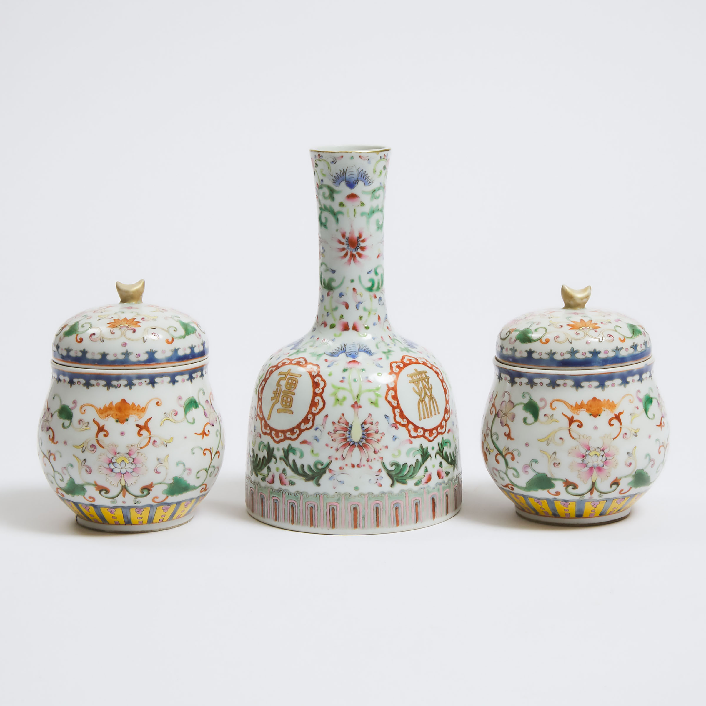A Pair of Famille Rose Wine Cup Warmers, Together With a Mallet Vase, Qing Dynasty, Late 19th Century