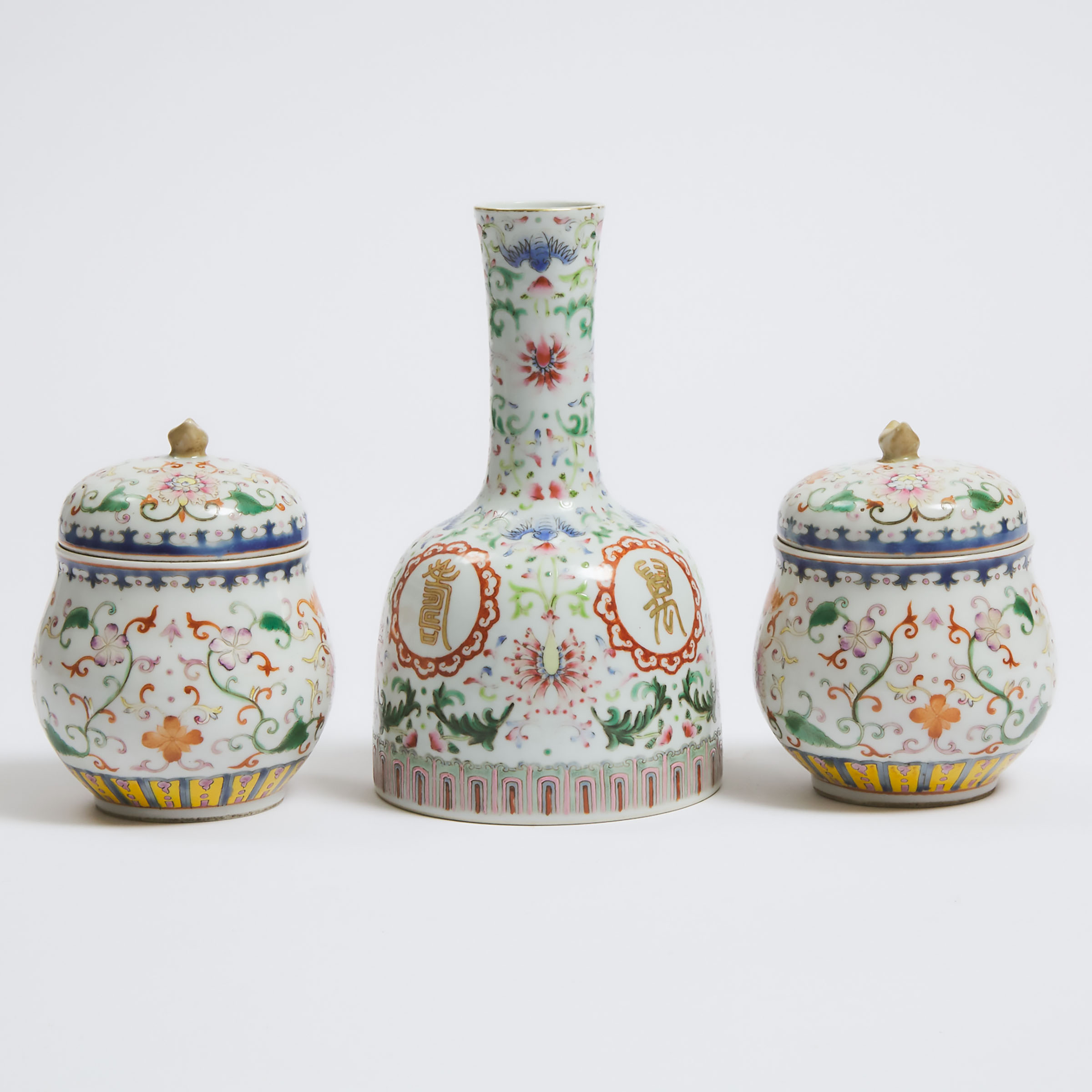 A Pair of Famille Rose Wine Cup Warmers, Together With a Mallet Vase, Qing Dynasty, Late 19th Century