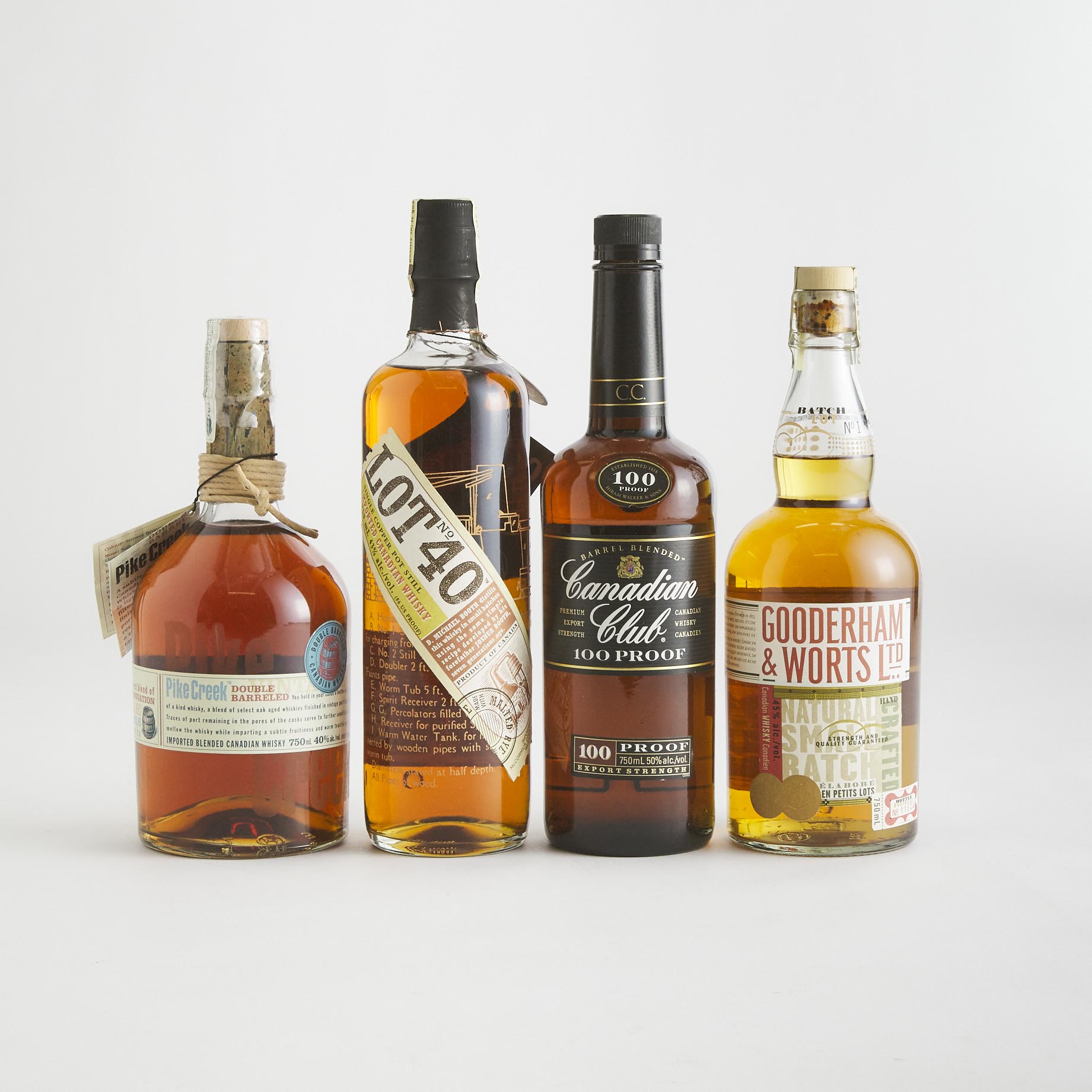CANADIAN CLUB CANADIAN WHISKY NA (ONE 750 ML)
GOODERHAM & WORTS NATURAL SMALL BATCH CANADIAN WHISKY (ONE 750 ML)
LOT 40 SMALL BATCH IMPORTED CANADIAN RYE WHISKY (ONE 750 ML)
PIKE CREEK DOUBLE BARRELED SMALL BATCH IMPORTED CANADIAN WHISKY (ONE 750 ML)