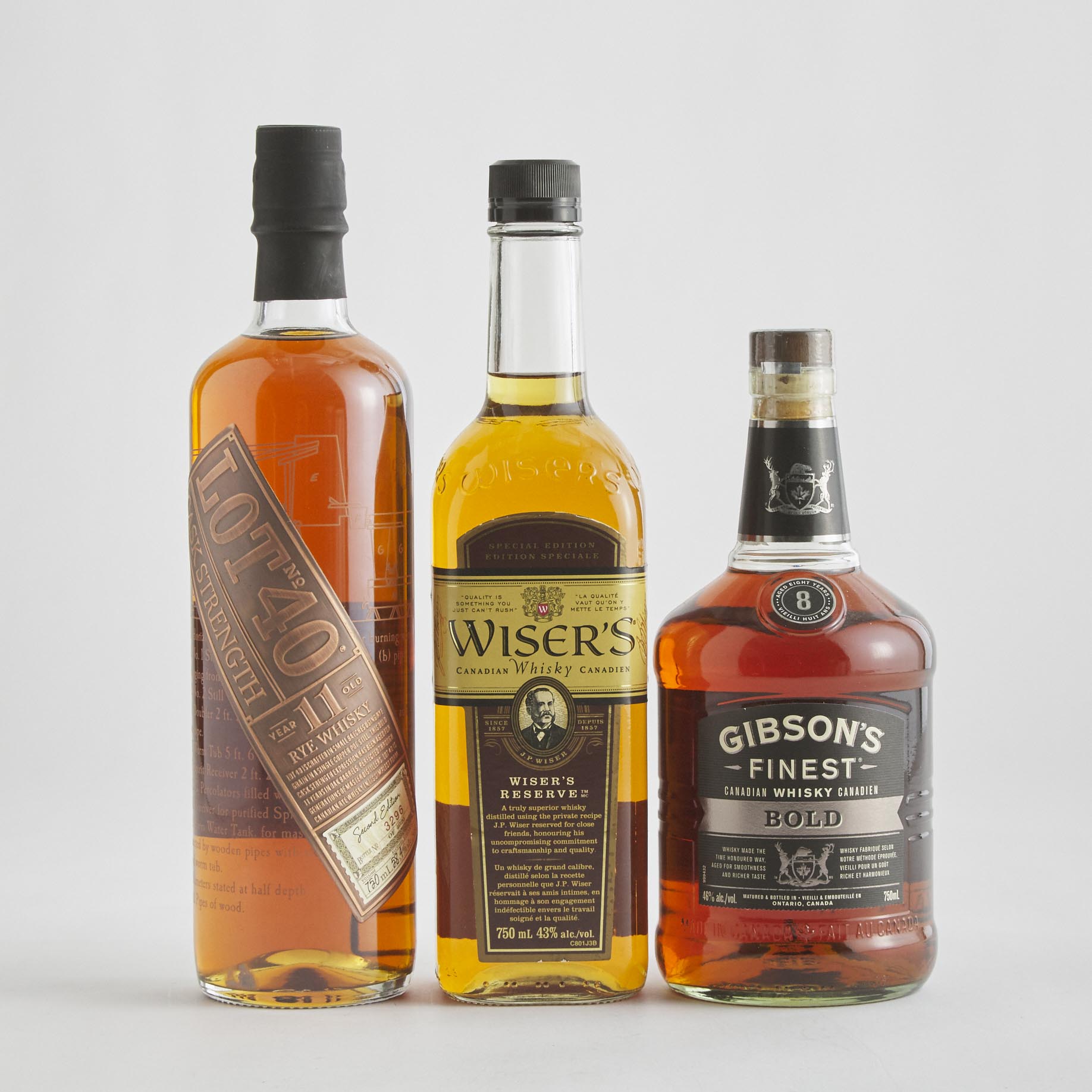 GIBSON'S FINEST CANADIAN WHISKY 8 YEARS (ONE 750 ML)
J.P. WISER’S CANADIAN WHISKY (ONE 750 ML)
LOT NO. 40 RYE WHISKY 11 YEARS (ONE 750 ML)