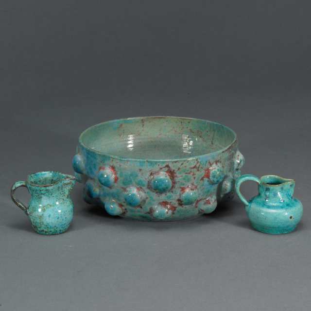 Deichmann Mottled Turquoise Glazed Bowl and Two Small Jugs, Kjeld & Erica Deichmann, c.1940
