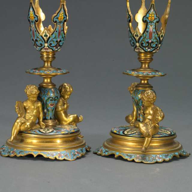 Pair of French Gilt Bronze and Champlevé Enamel Vase Bases, late 19th century