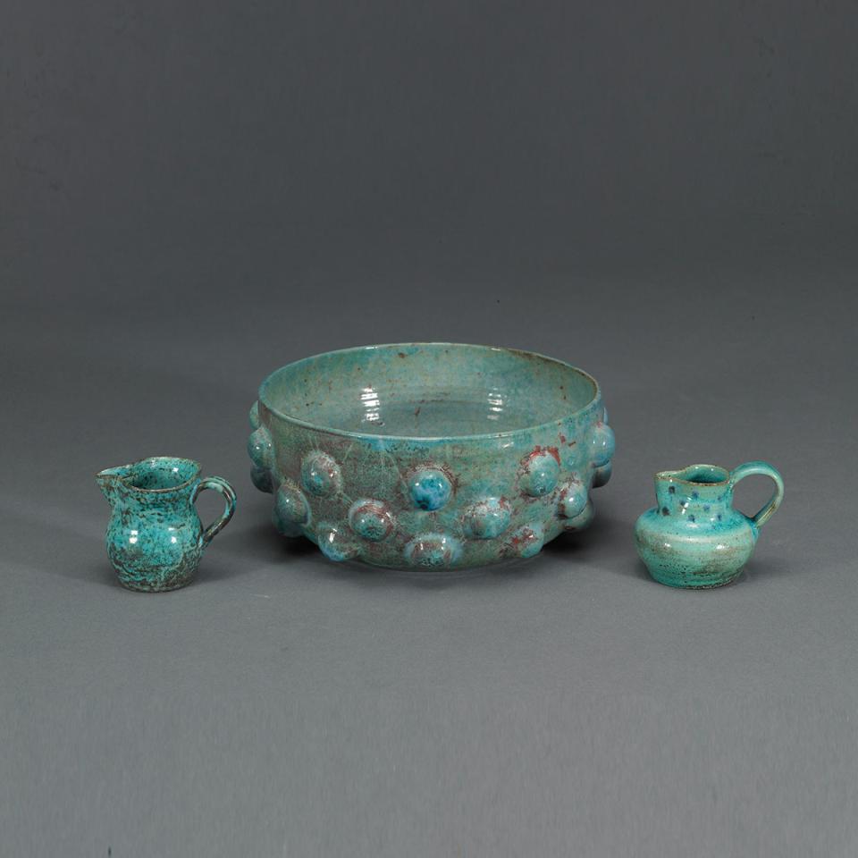 Deichmann Mottled Turquoise Glazed Bowl and Two Small Jugs, Kjeld & Erica Deichmann, c.1940