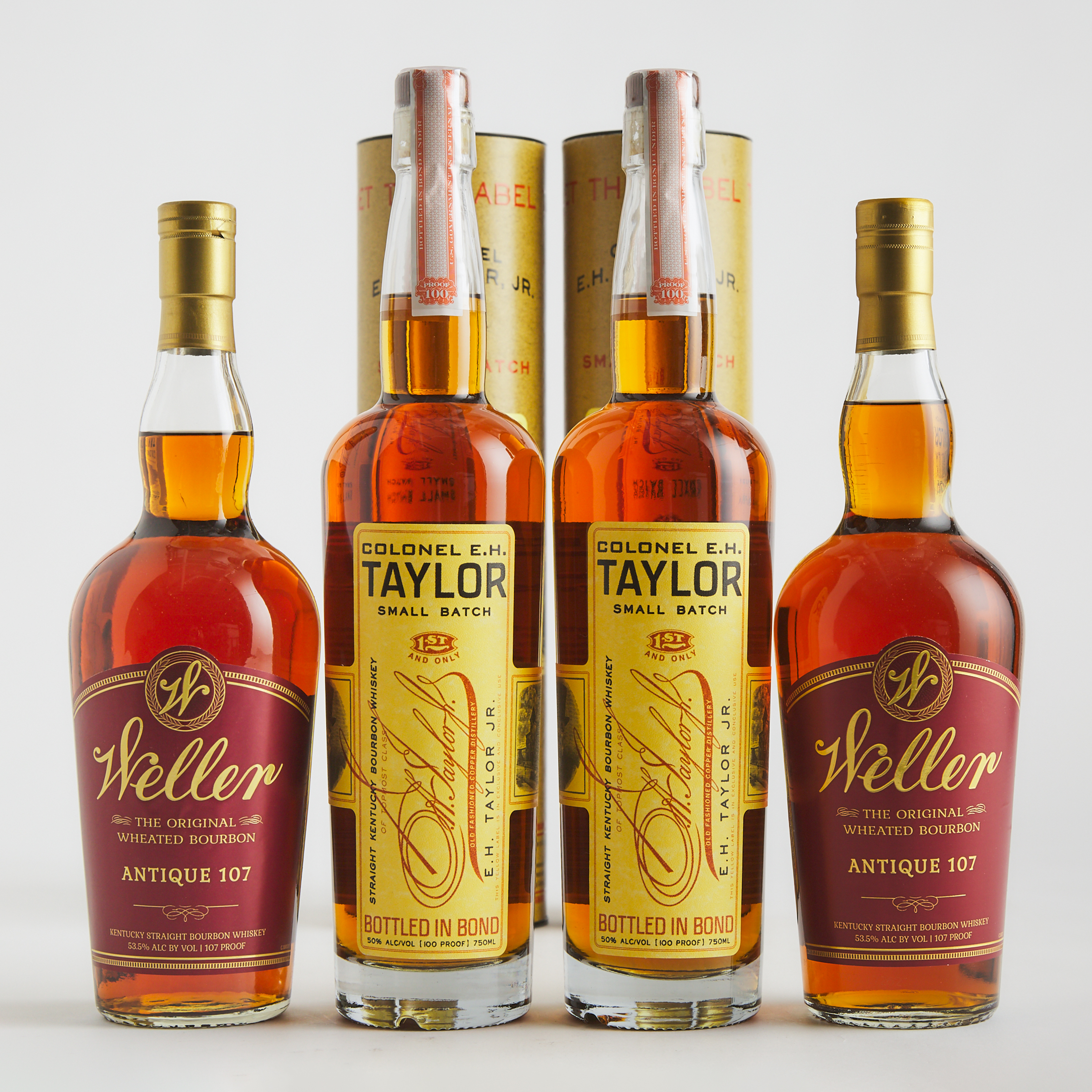 COLONEL E.H. TAYLOR JR. SMALL BATCH STRAIGHT KENTUCKY BOURBON WHISKEY (TWO 750 ML)
WELLER ANTIQUE 107 ORIGINAL WHEATED BOURBON WHISKEY (TWO 750 ML)