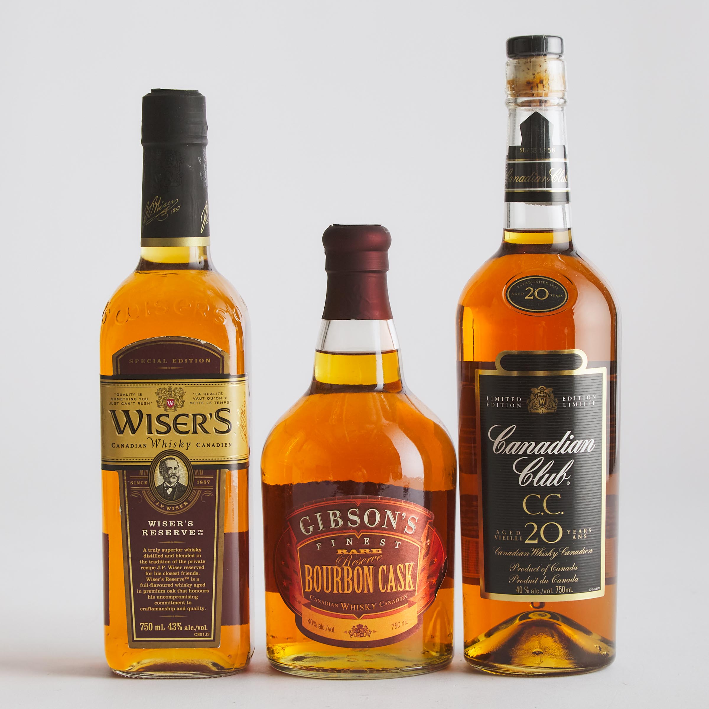 CANADIAN CLUB CANADIAN WHISKY 20 YEARS (ONE 750 ML)
GIBSON'S FINEST CANADIAN WHISKY (ONE 750 ML)
J.P. WISER'S RESERVE CANADIAN WHISKY (ONE 750 ML)