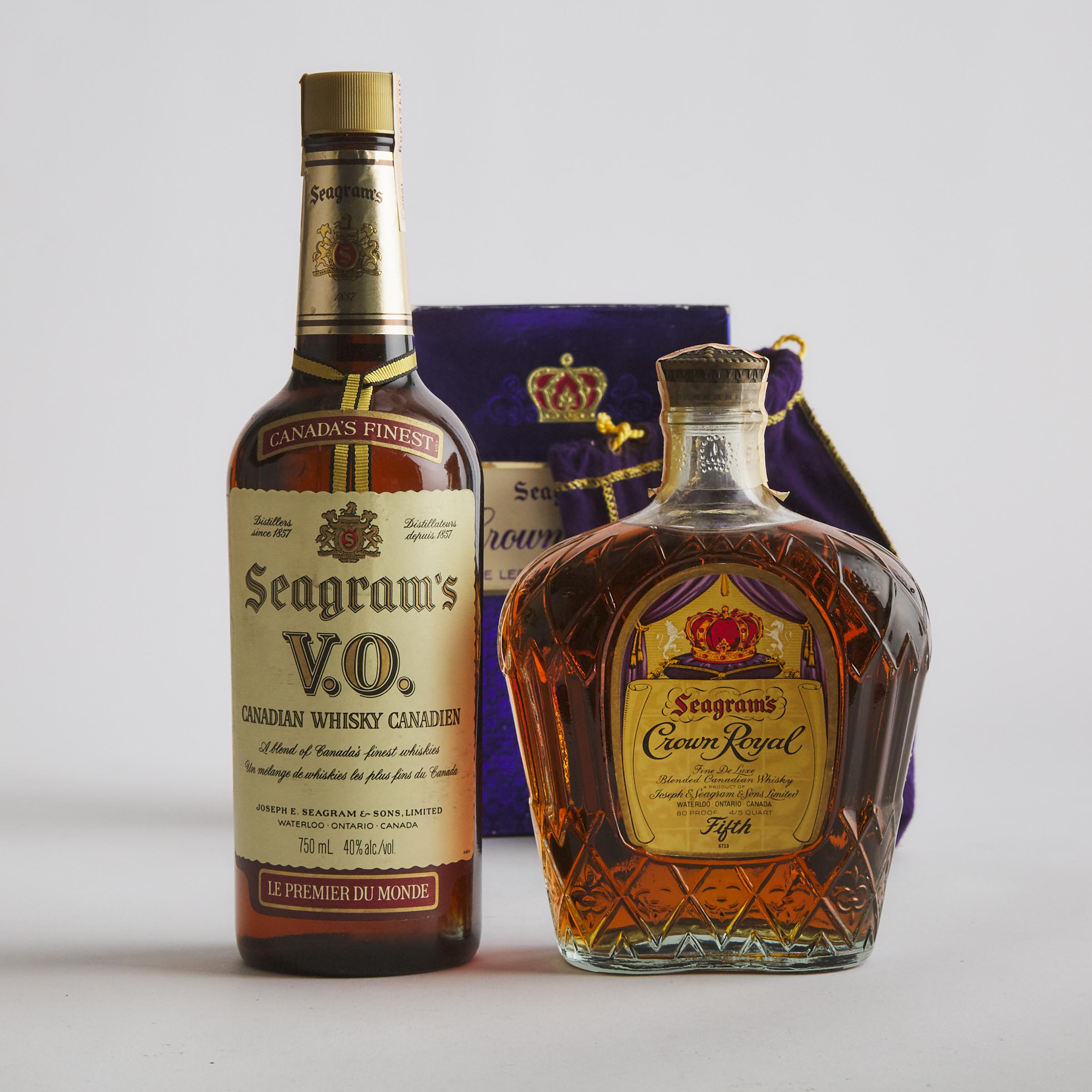 CROWN ROYAL FINE DELUXE CANADIAN WHISKY (ONE 4/5 QUART)
SEAGRAM'S VO BLENDED CANADIAN WHISKY (ONE 750 ML)