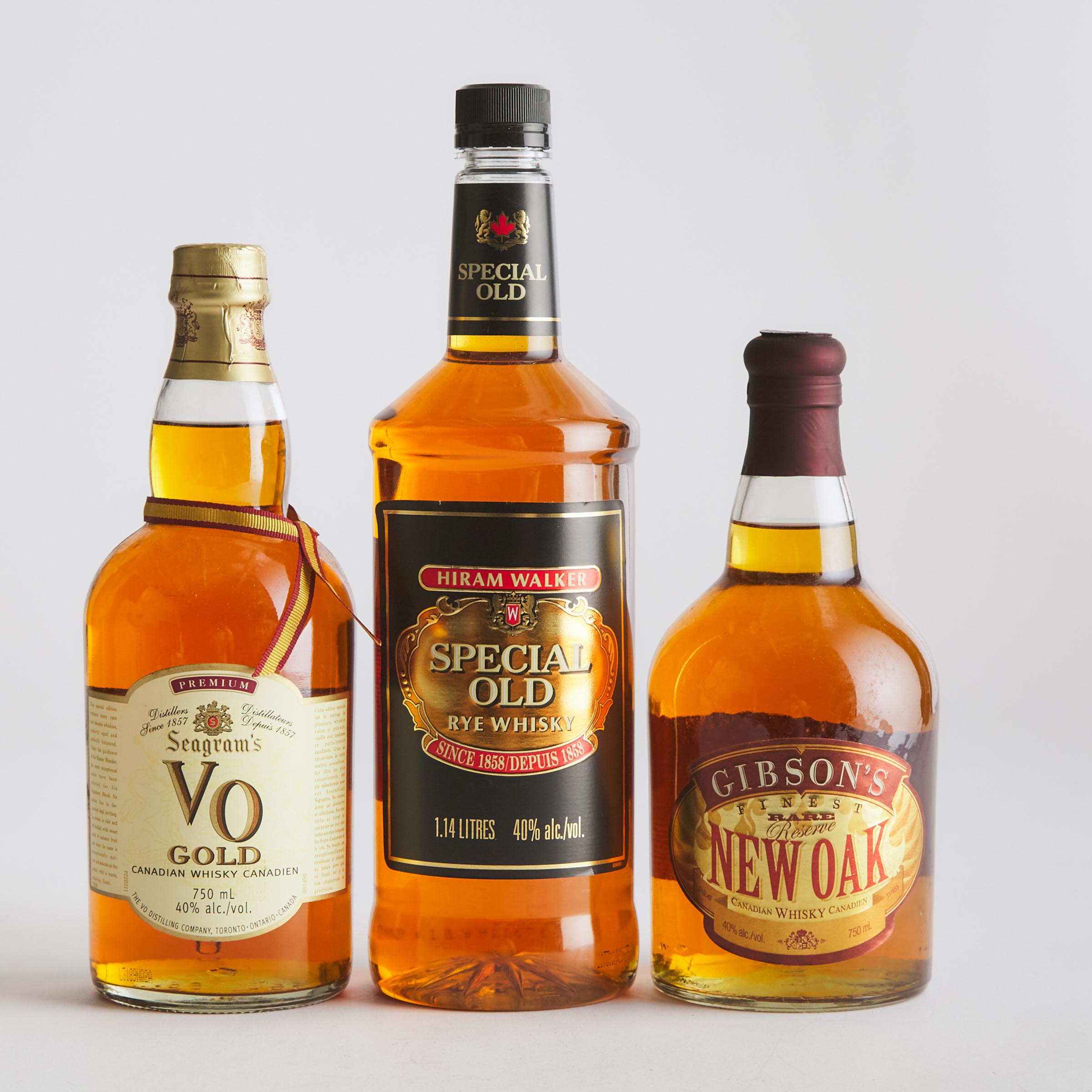 GIBSON'S FINEST NEW OAK CANADIAN WHISKY (ONE 750 ML)
HIRAM WALKER SPECIAL OLD RYE WHISKY (ONE 1140 ML)
SEAGRAM'S VO GOLD CANADIAN WHISKY (ONE 750 ML)