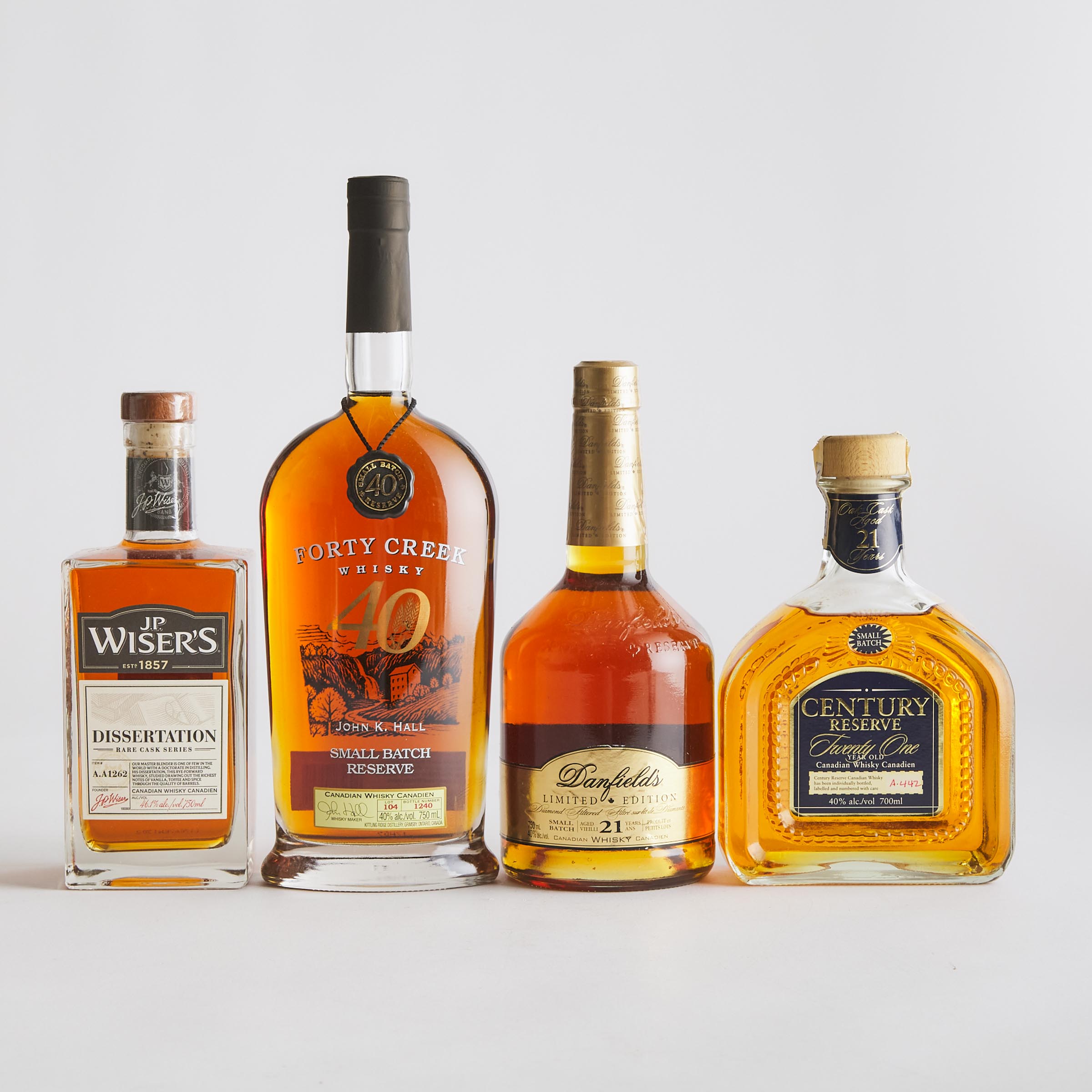 CENTURY RESERVE CANADIAN WHISKY 21 YEARS (ONE 700 ML)
DANFIELD'S CANADIAN WHISKY 21 YEARS (ONE 750 ML)
FORTY CREEK RESERVE CANADIAN WHISKY (ONE 750 ML)
J.P. WISER'S CANADIAN WHISKY (ONE 750 ML)