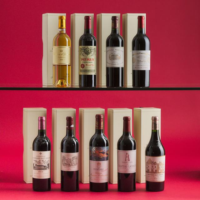 Château Cheval Blanc 2010 (1) WA 100 Château D’Yquem 2010 (1) Château Haut-Brion 2010 (1) WA 100 Château la Mission Haut-Brion 2010 (1) WA 98+ Château Lafite Rothschild 2010 (1) WS 97 WA 98 Château Latour 2010 (1) WA 100 Château Margaux 2010 (1) WA 99 Château Mouton Rothschild 2010 (1) WA 99 Château Pétrus 2010 (1) WA 100 JS 100