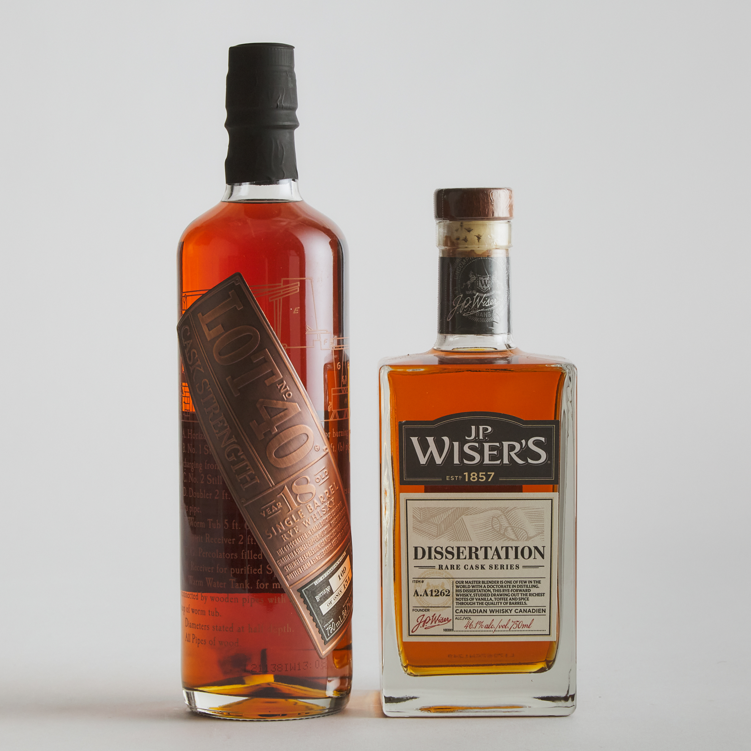 18 YEARS LOT 40 CASK STRENGTH SINGLE BARREL RYE WHISKY (ONE 750 ML)J.P. WISER'S CANADIAN WHISKY DISSERTATION: RARE CASK SERIES (ONE 750 ML)