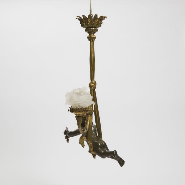 Belle Epoque Patinated and Gilt Bronze Figural Hanging Light Fixture, early 20th century
