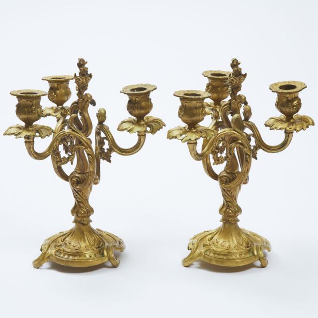 Pair of Louis XV Style Gilt Bronze Three Light Candelabras, early 20th century