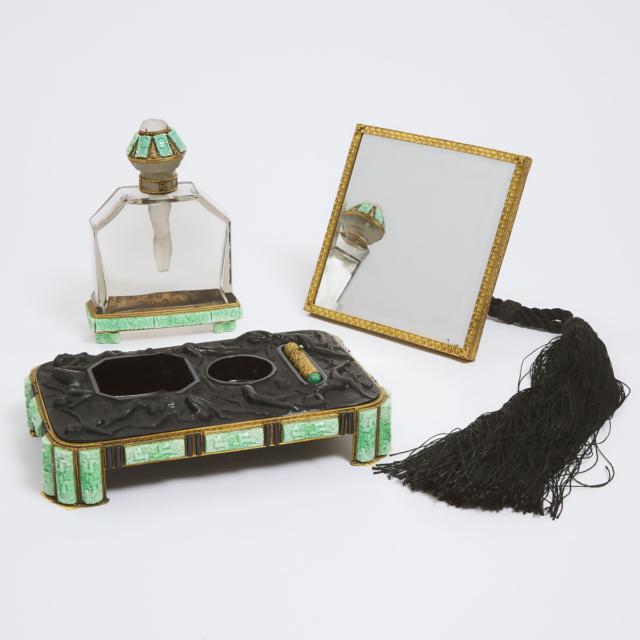 Bohemian Art Deco Moulded Black and 'Jade' Glass Dressing Table Set, 1920s