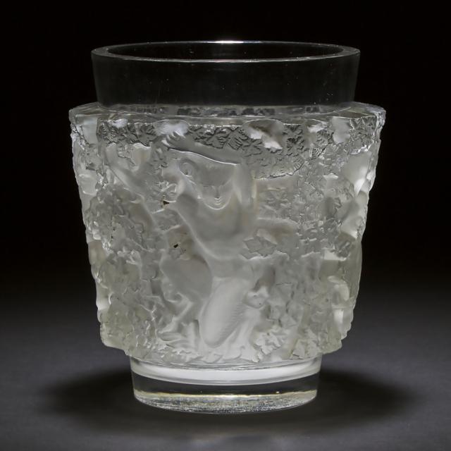 'Bacchus', Lalique Moulded and Partly Frosted Glass Vase, post-1945