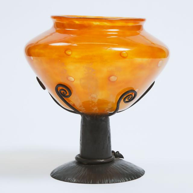 French Wrought Iron Mounted Mottled Orange Glass Vase, probably Schneider, 1920s