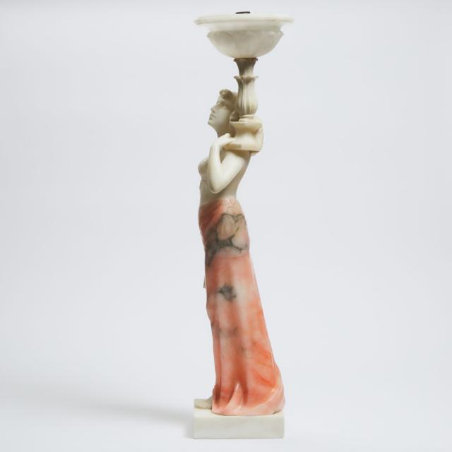 Italian Carved White and Pink Alabaster Figural Table Lamp, early-mid 20th century