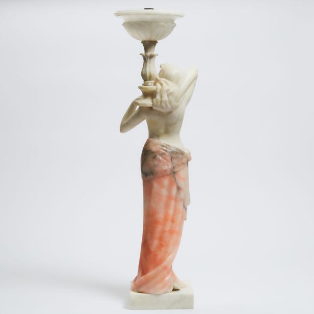 Italian Carved White and Pink Alabaster Figural Table Lamp, early-mid 20th century