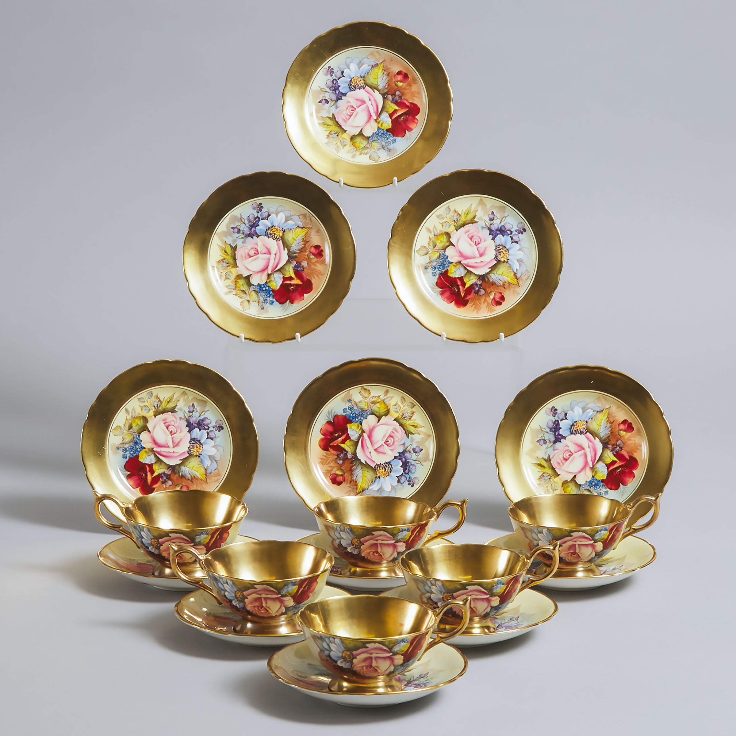 Six Aynsley 'Cabbage Rose' Tea Cups, Saucers and Plates, J.A. Bailey, 20th century