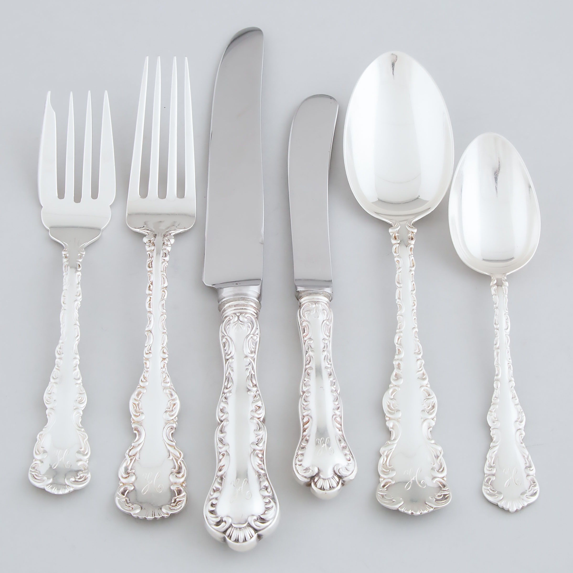 Assembled Canadian Silver 'Louis XV' Pattern Luncheon Service, Henry Birks & Sons, and Roden Bros., 20th century