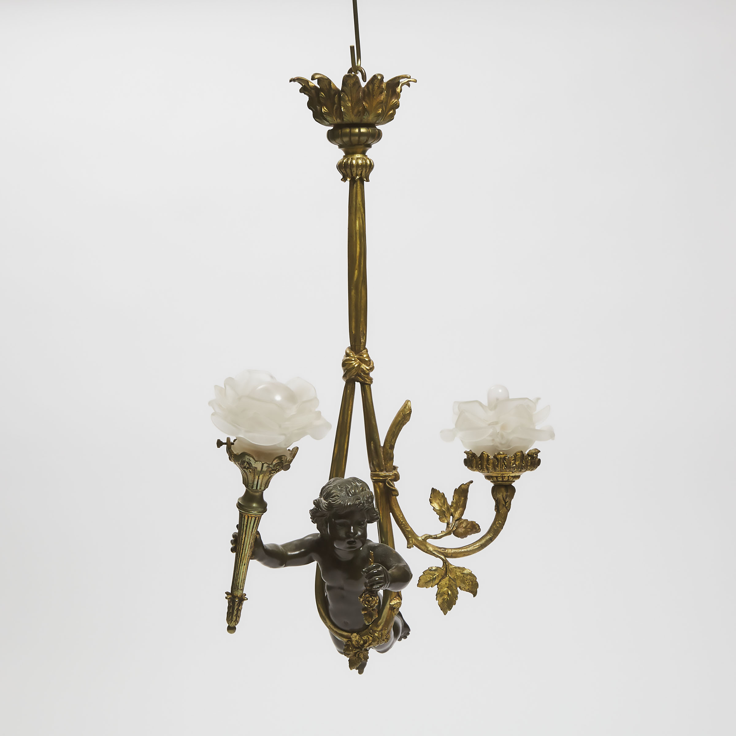 Belle Epoque Patinated and Gilt Bronze Figural Hanging Light Fixture, early 20th century