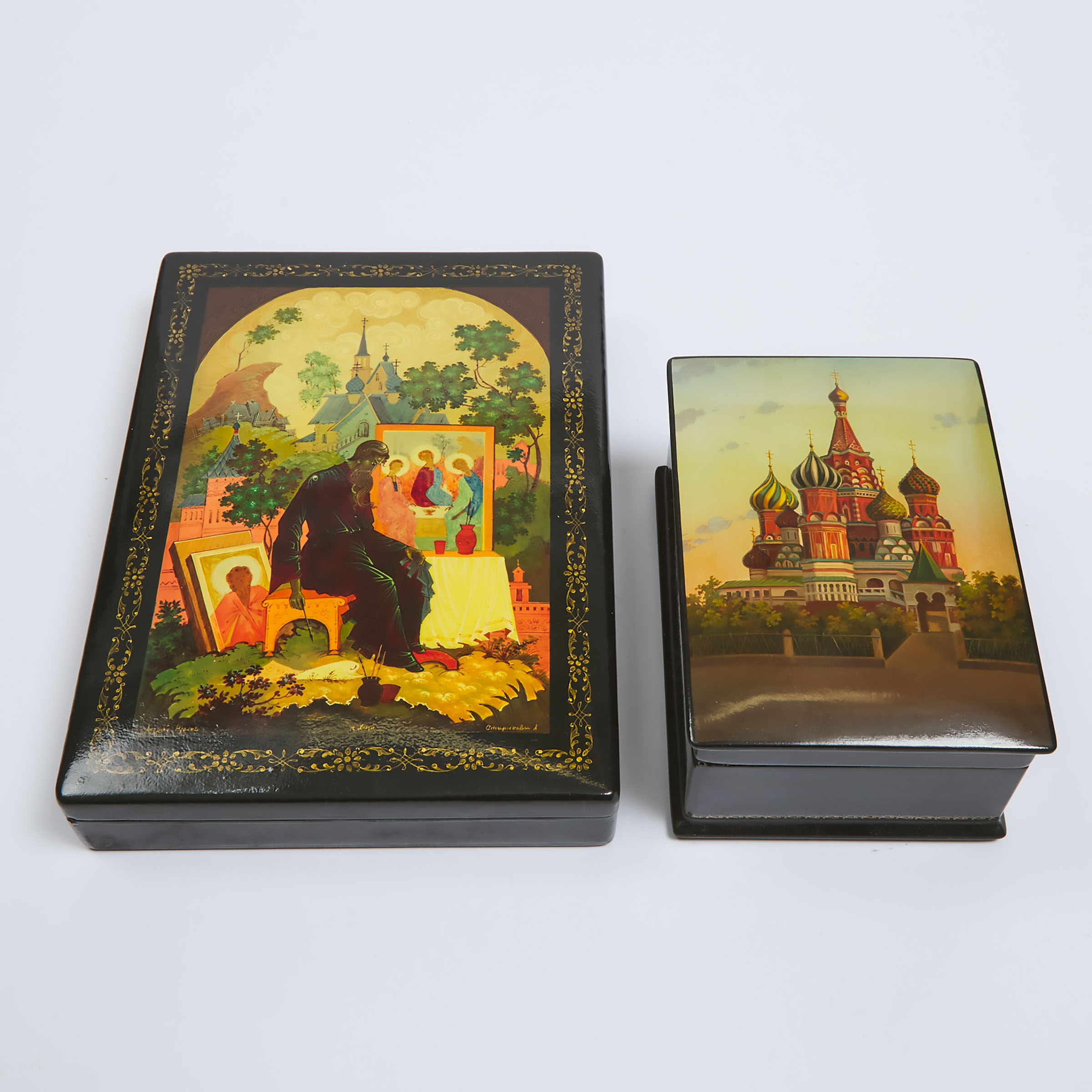 Two Soviet Russian Lacquered Boxes, Palekh, mid 20th century
