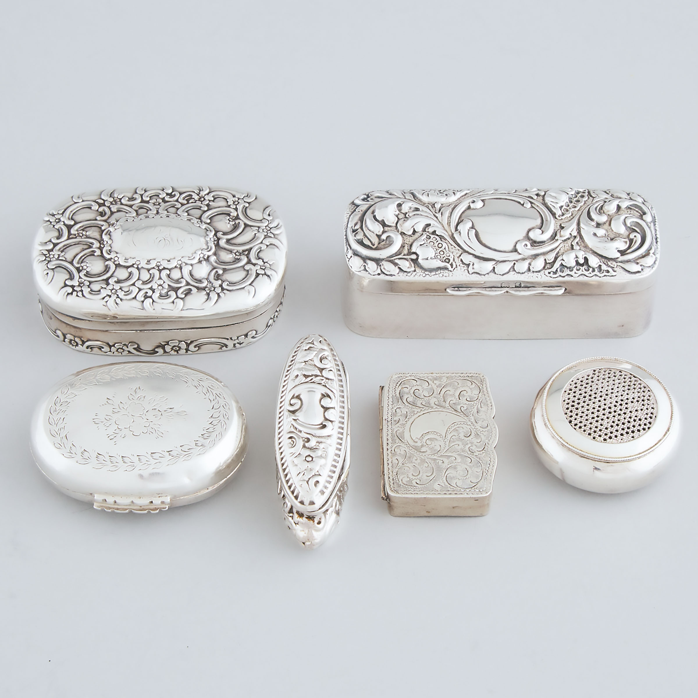 Six Various Edwardian, American and Dutch Silver Boxes, late 19th/early 20th century