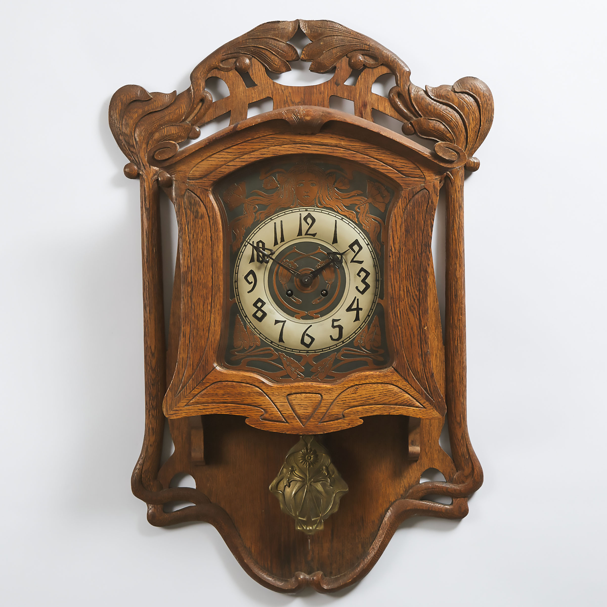 German Jungenstil Carved Oak Wall Clock, Kraft Behrens, Leipzig, c.1890