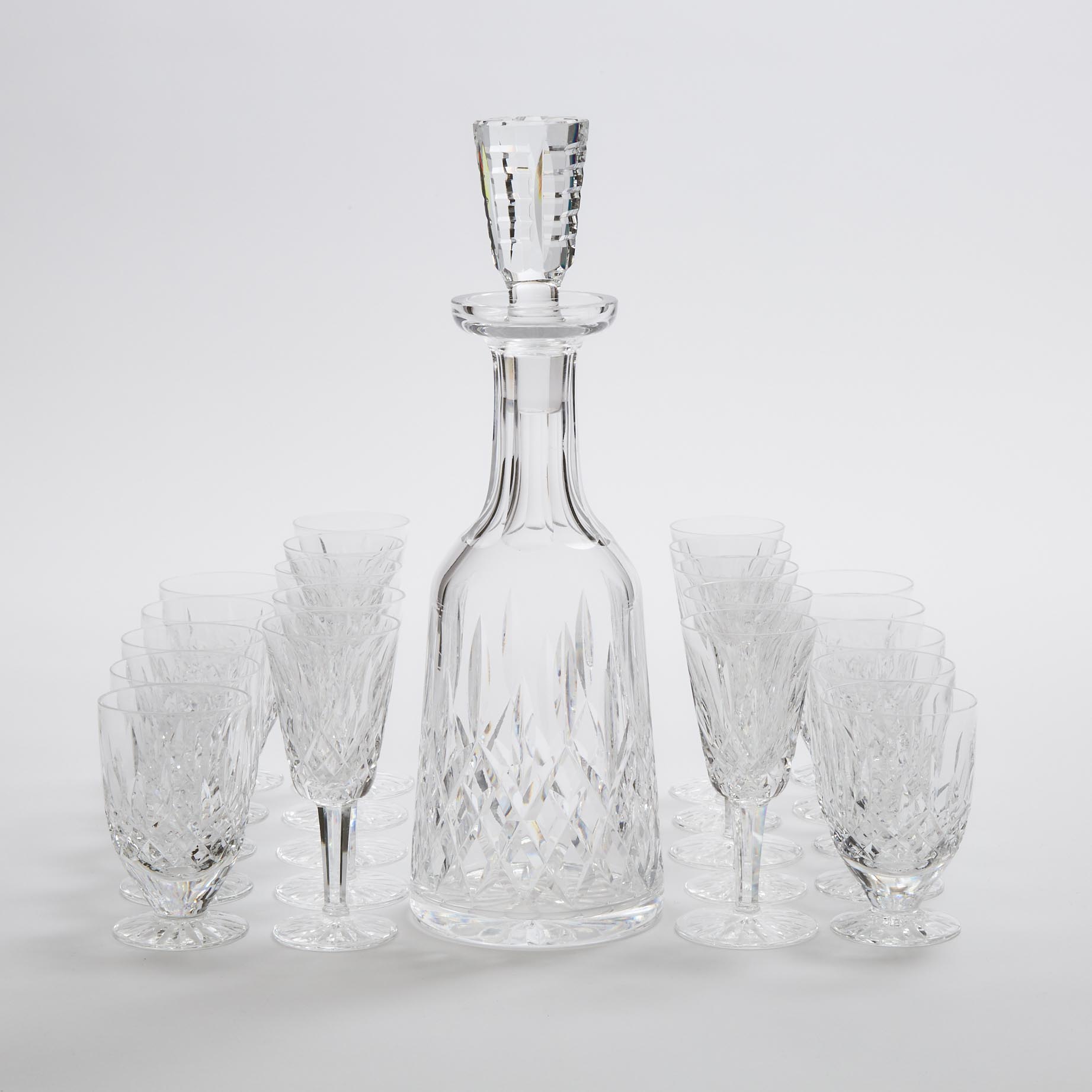 Waterford 'Lismore' Pattern Cut Glass Stemware and Decanter, 20th century