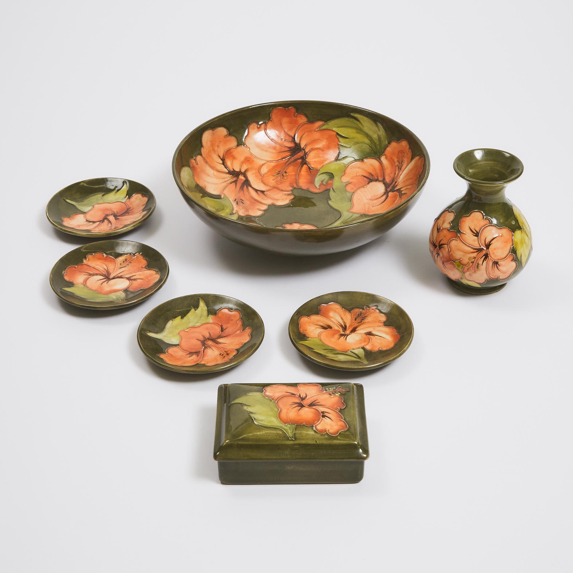 Moorcroft Coral Hibiscus Bowl, Vase, Covered Box and Four Small Dishes, c.1975 
