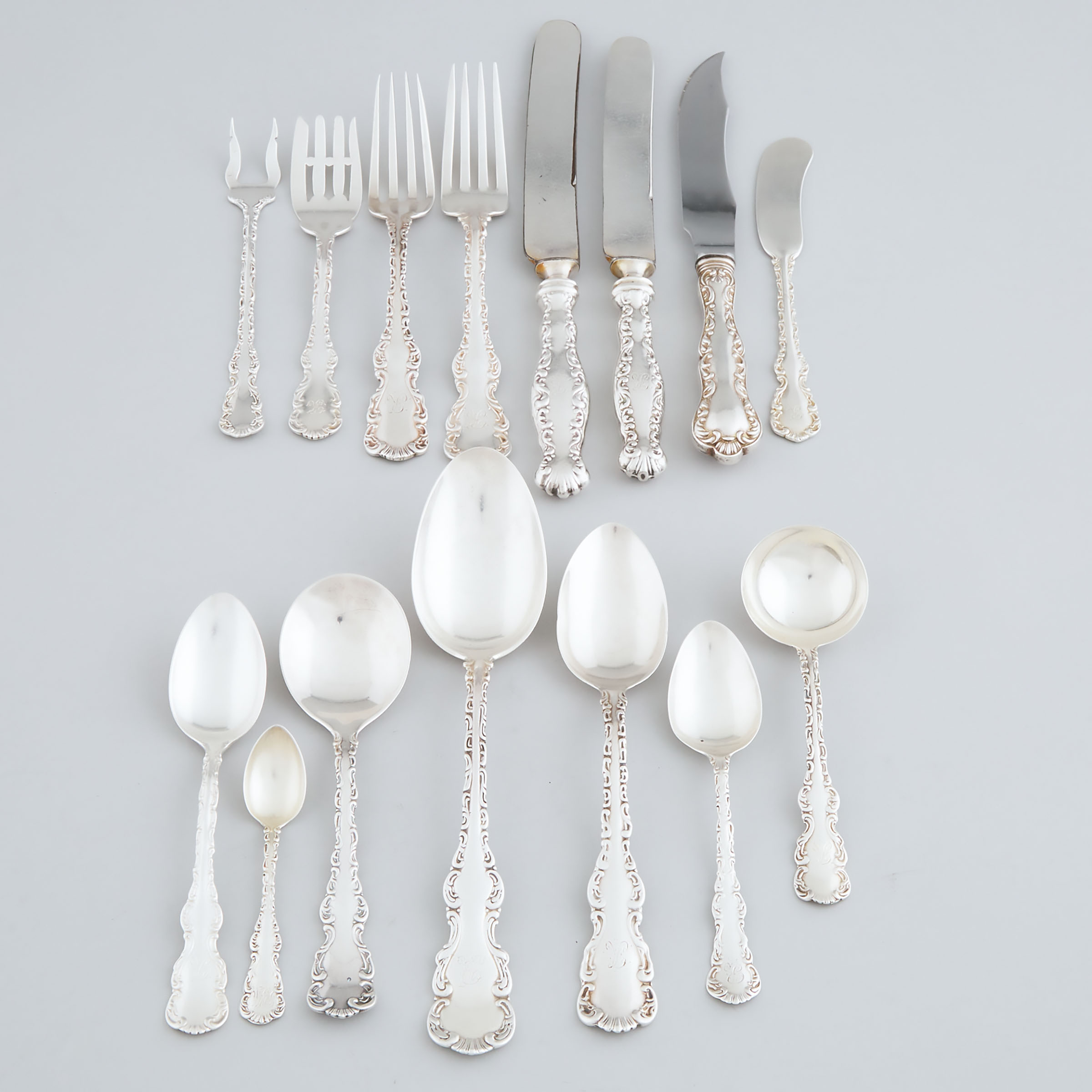 Canadian Silver 'Louis XV' Pattern Assembled Flatware Service, mainly J.E. Ellis & Co. and Roden Bros., Toronto, Ont., 20th century