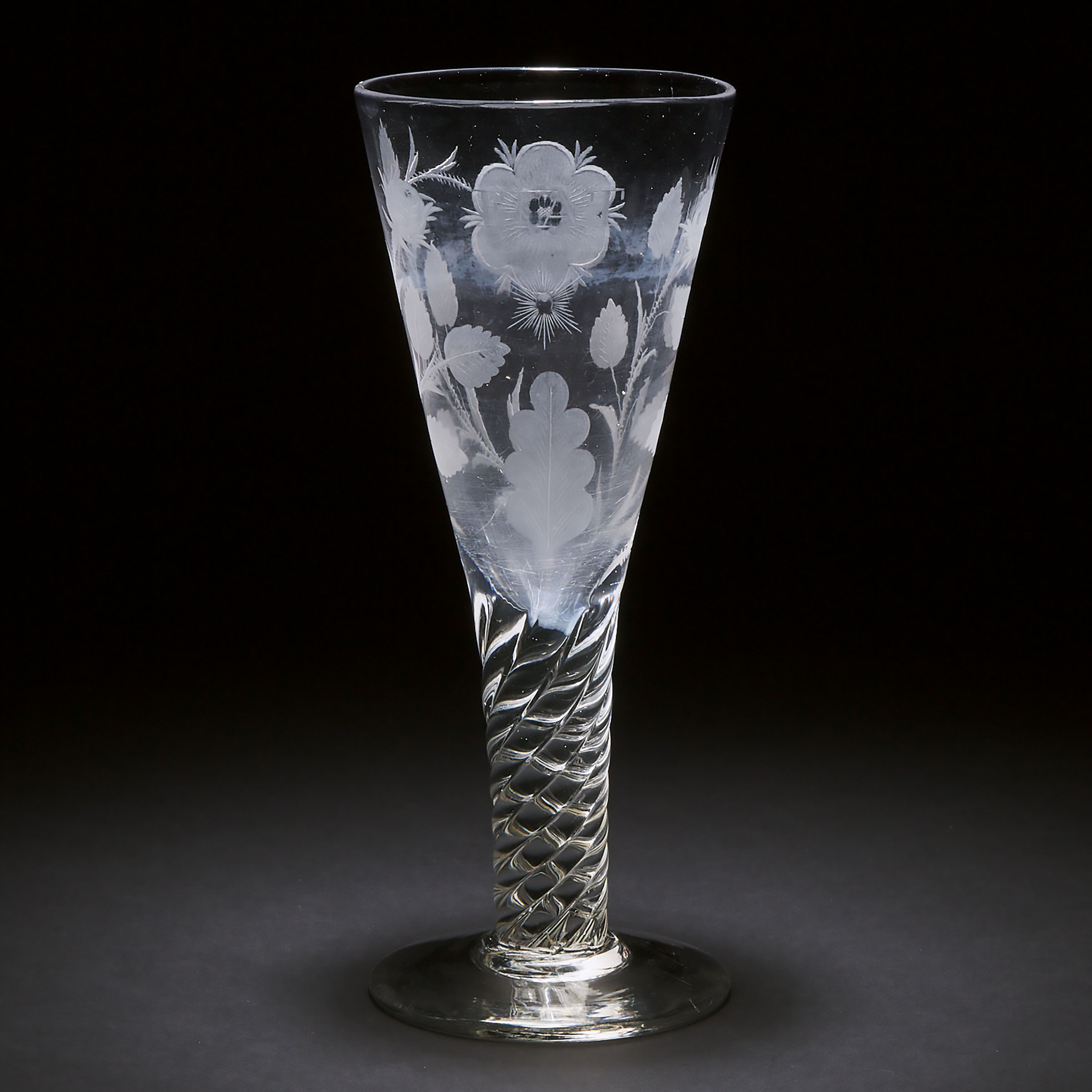 'Jacobite' Engraved Glass Large Ale Flute, 20th century