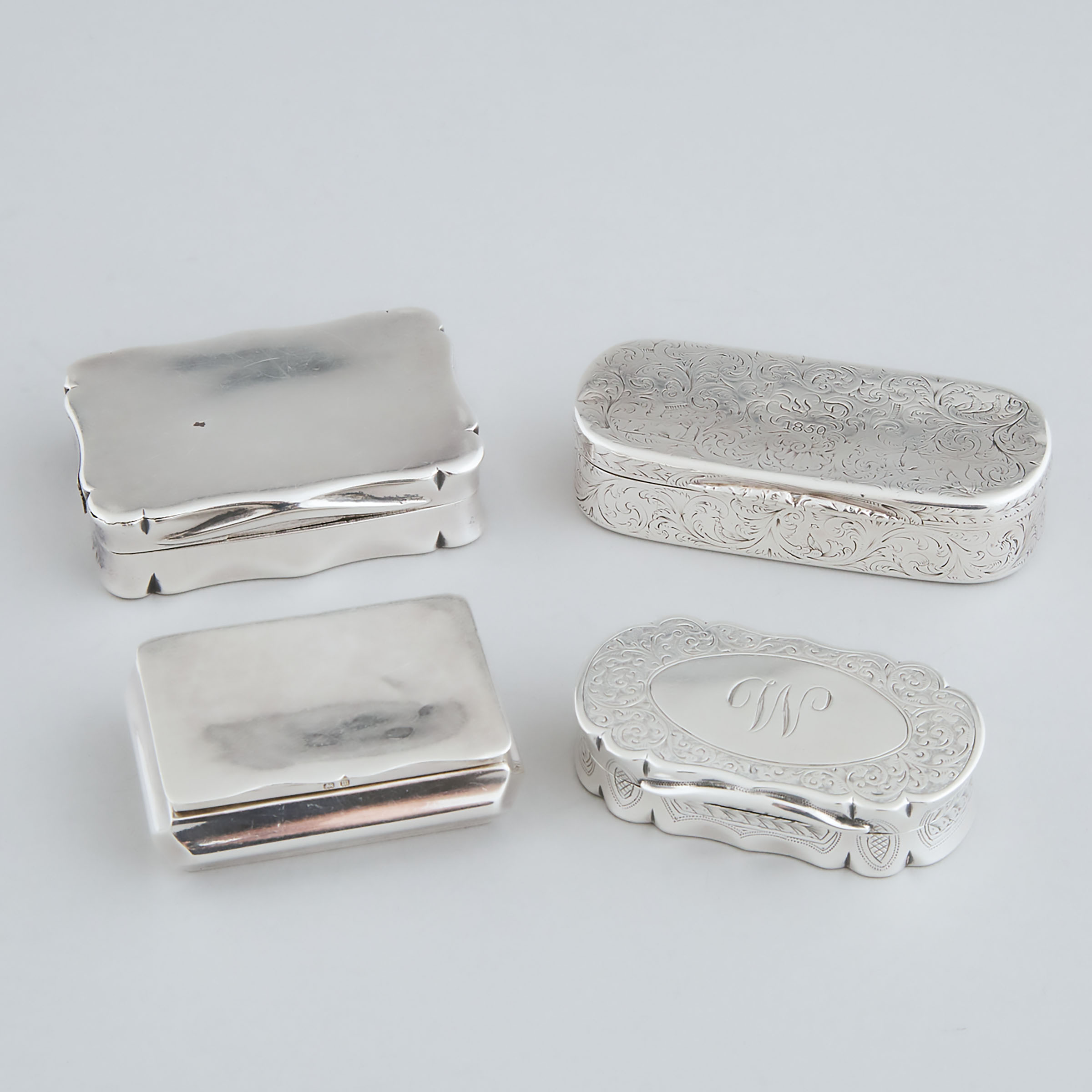 Four Victorian, Edwardian and Later Silver Snuff Boxes, Birmingham and Chester, c.1839-1916