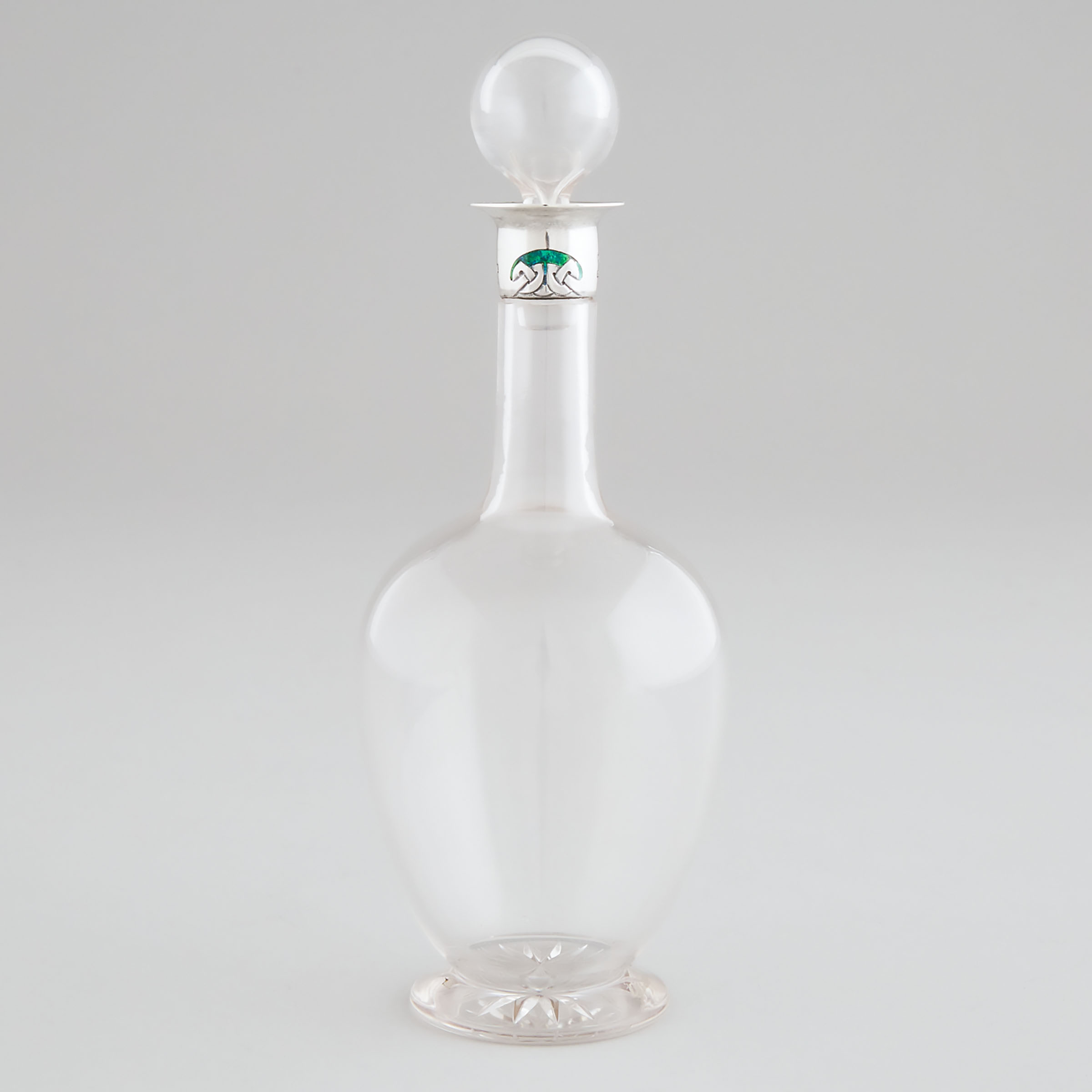 Edwardian Arts & Crafts 'Cymric' Enameled Silver Mounted Glass Decanter, Archibald Knox for Liberty & Co., Birmingham, 1905
