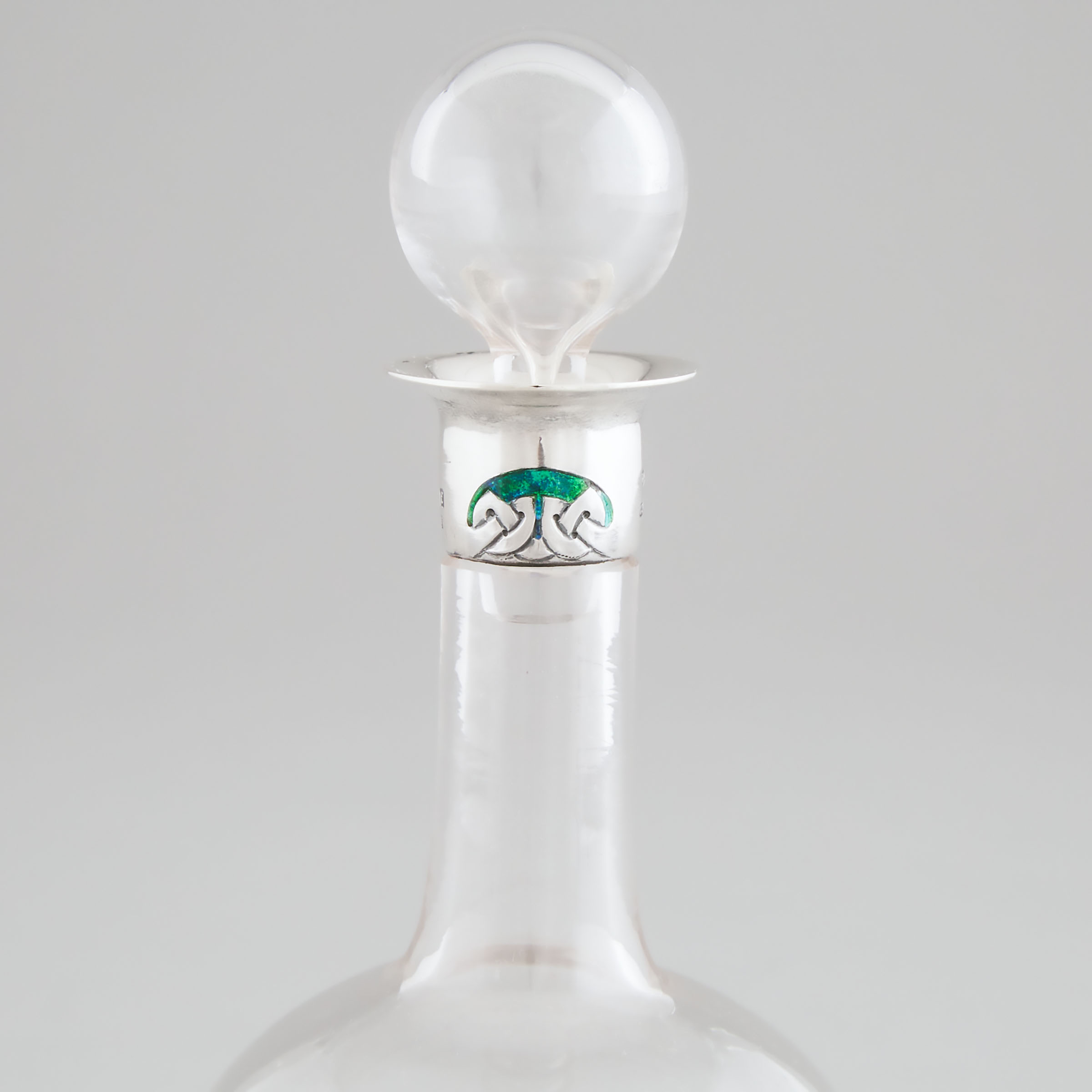 Edwardian Arts & Crafts 'Cymric' Enameled Silver Mounted Glass Decanter, Archibald Knox for Liberty & Co., Birmingham, 1905